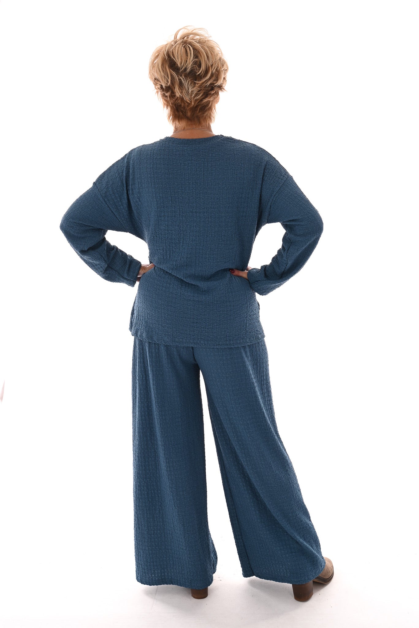 Tweedelig crepe pak met knoop lange mouwen jeansblauw