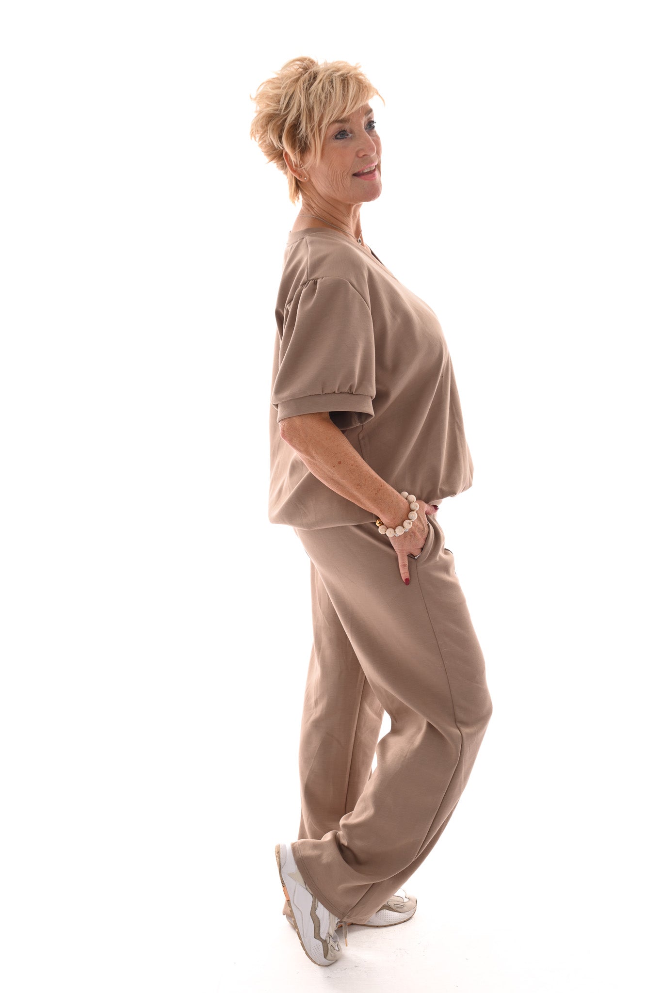 Tweedelig jogging set v-hals met boord uni taupe