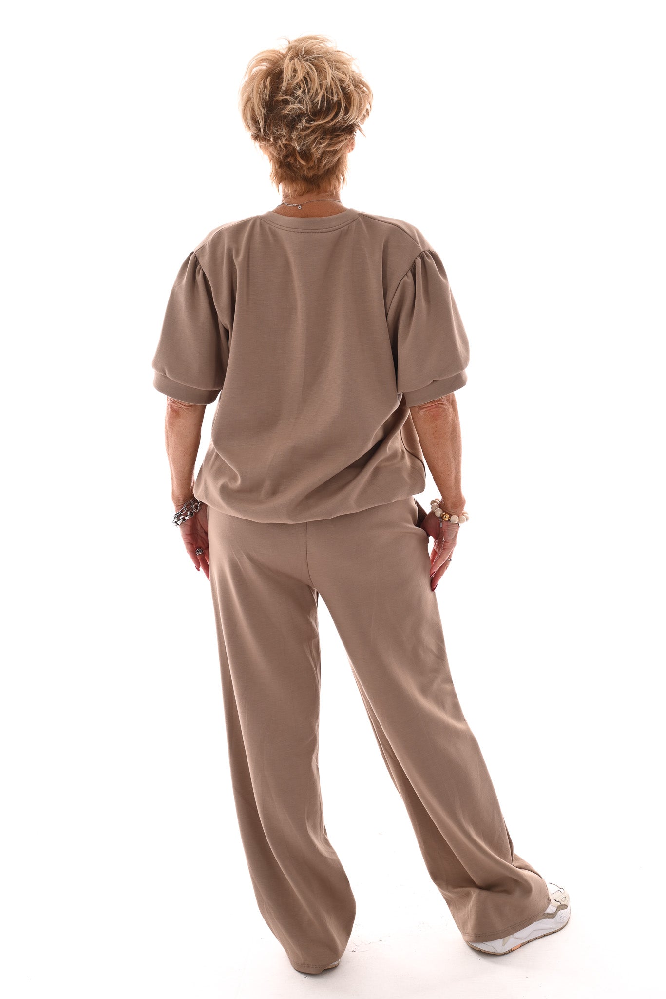 Tweedelig jogging set v-hals met boord uni taupe