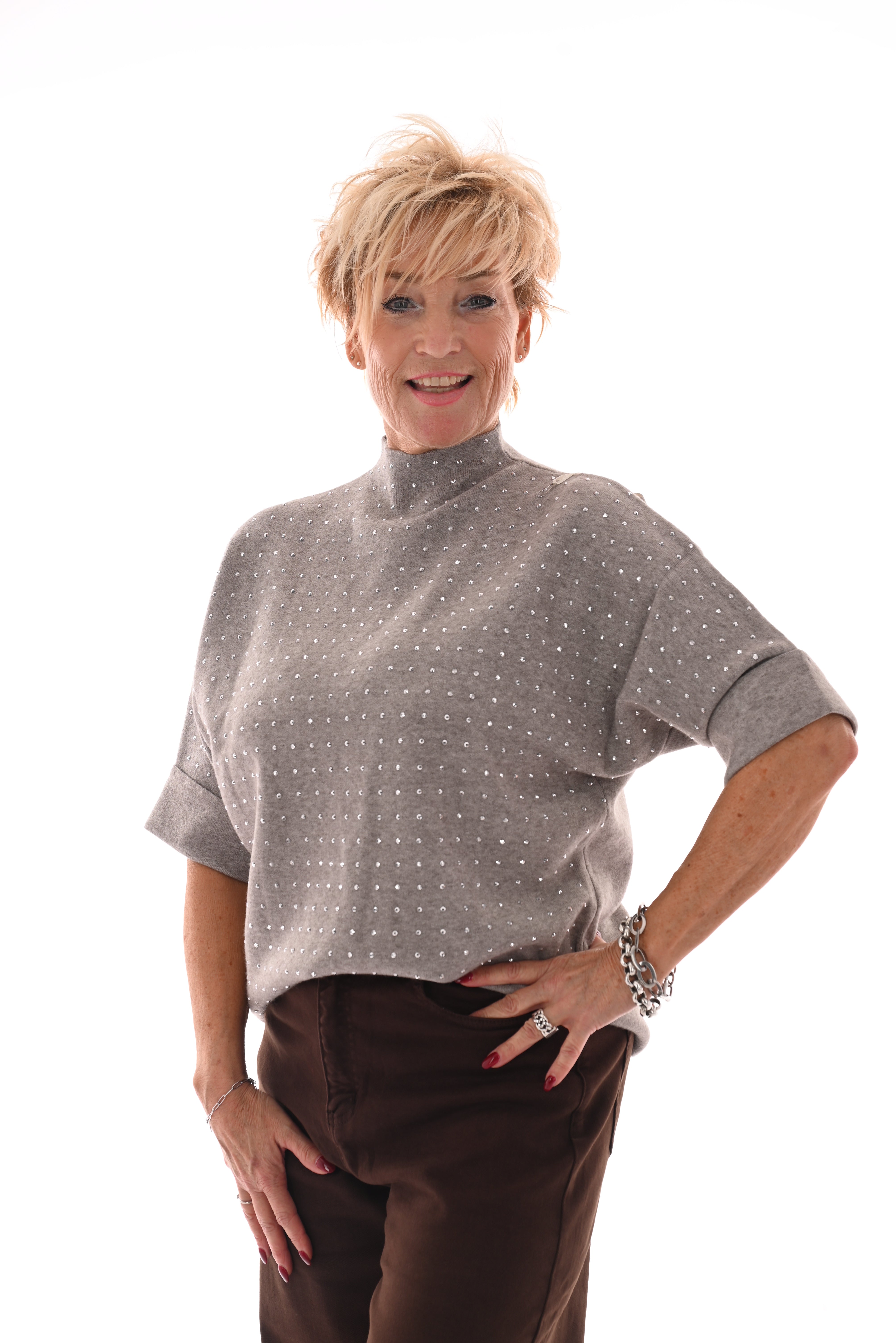 Top korte mouwen met strass taupe