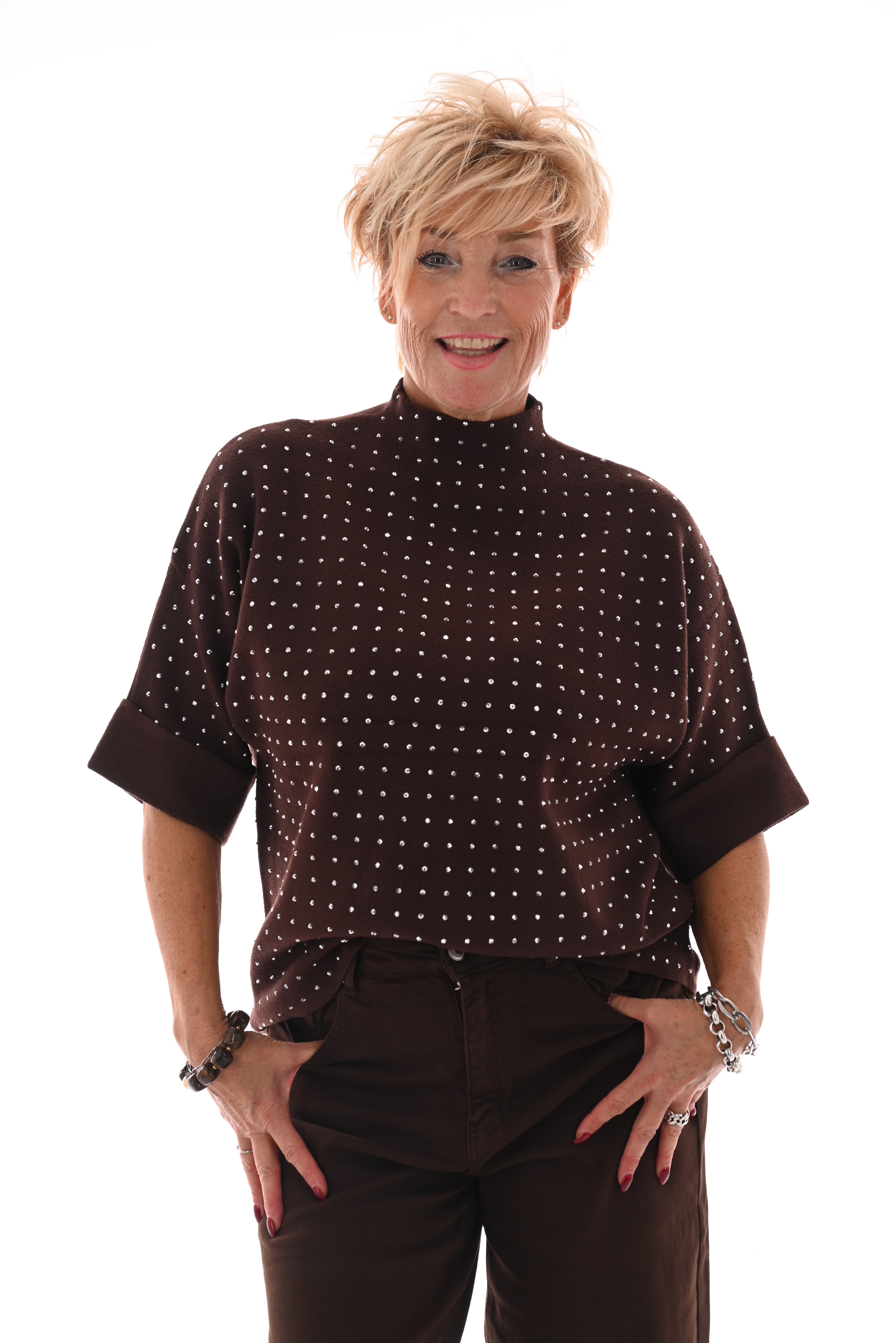Top korte mouwen met strass donkerbruin