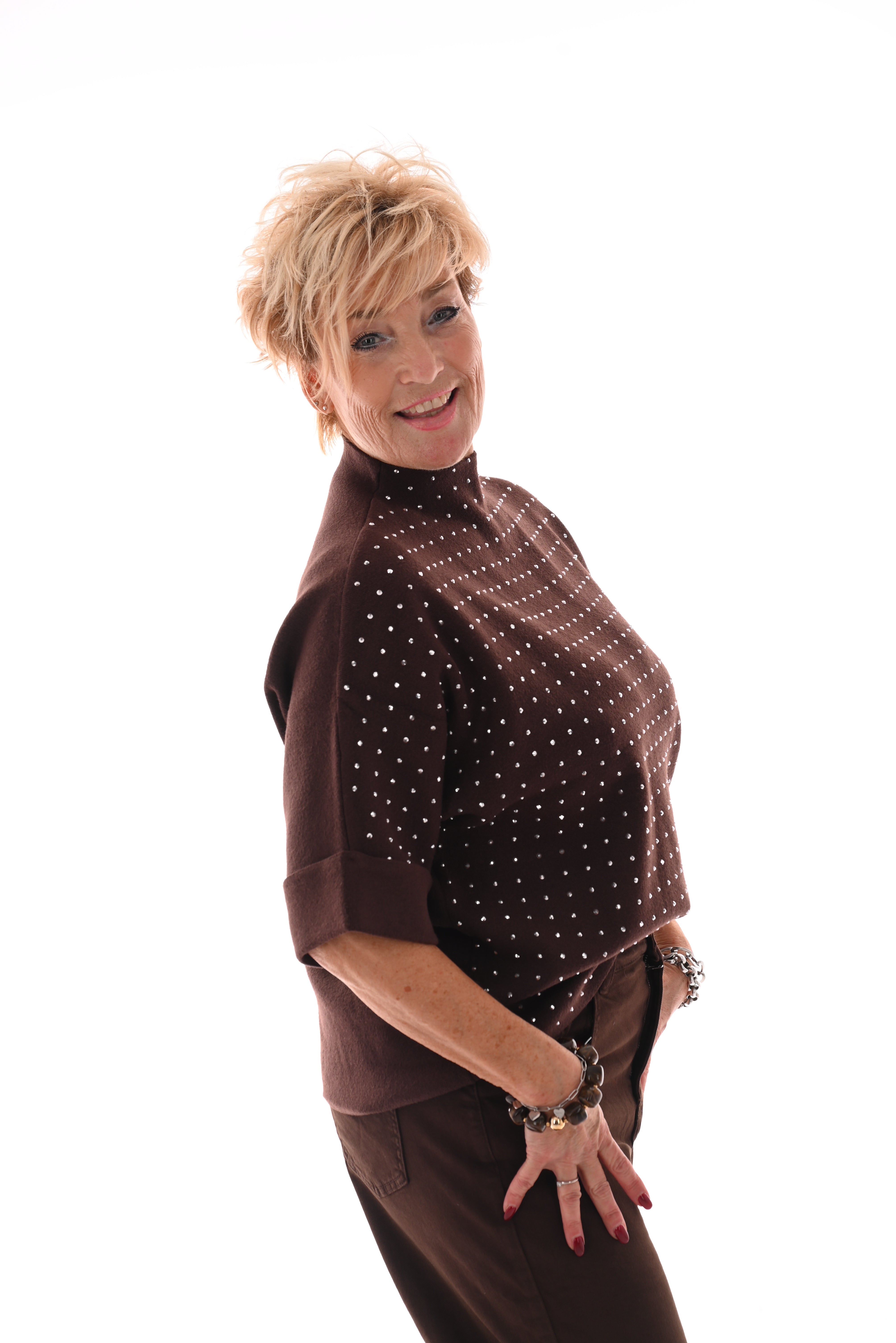 Top korte mouwen met strass donkerbruin