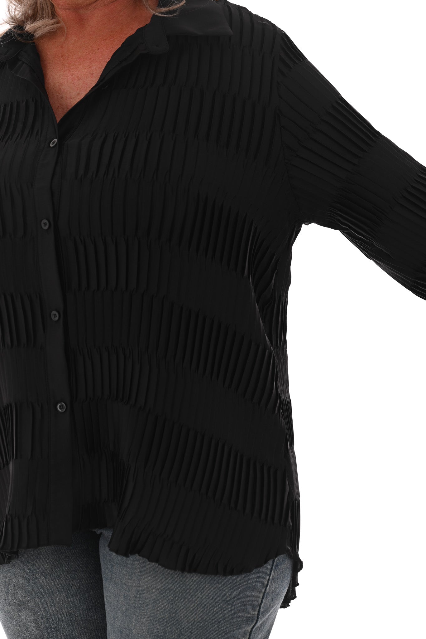 Silky doorknoop blouse structuur plisse zwart