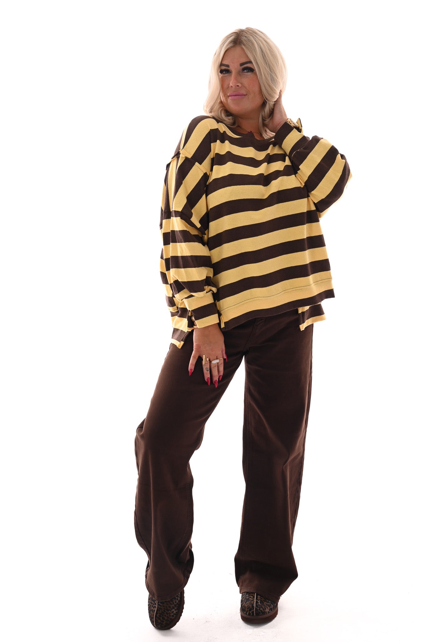 Oversized gestreepte trui bruin/geel