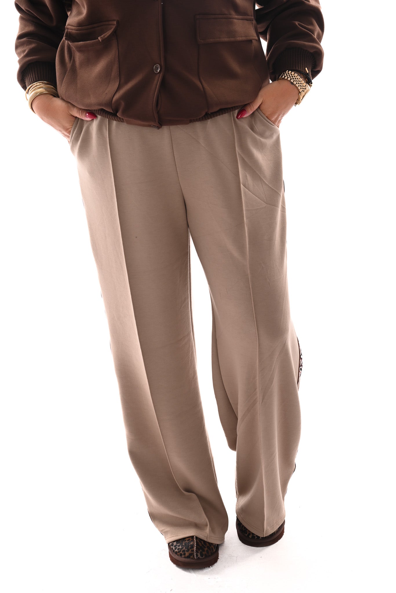 Wide leg joggingsbroek met bies beige