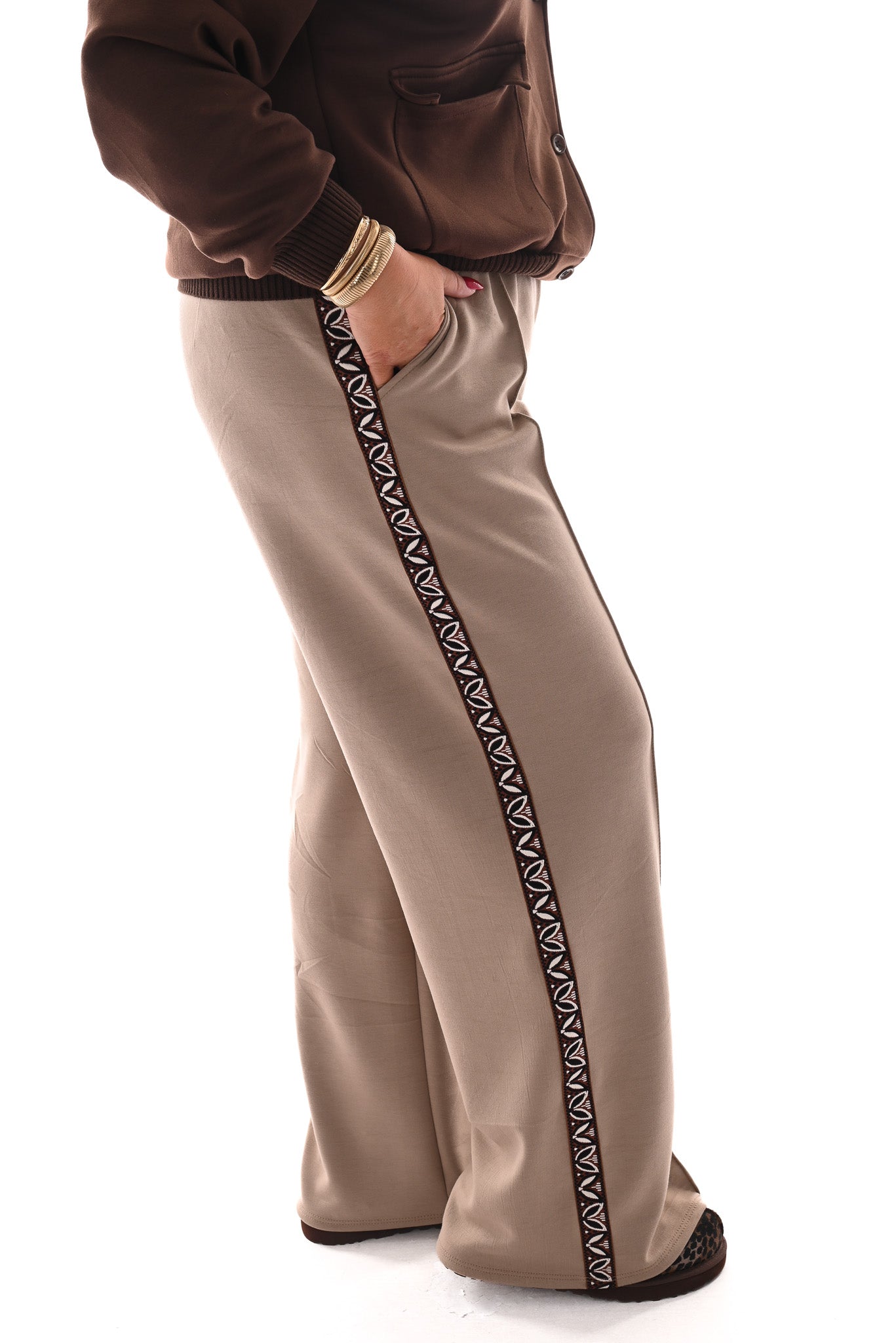 Wide leg joggingsbroek met bies beige