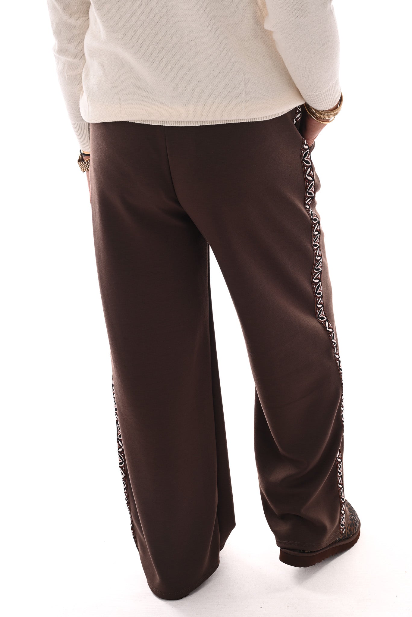 Wide leg joggingsbroek met bies donkerbruin