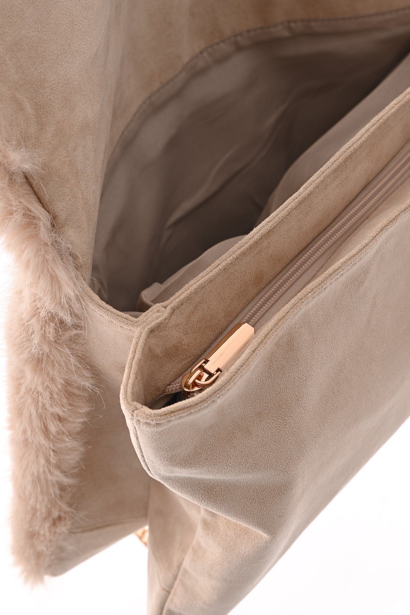 Faux fur suedinelook schouder tas creme