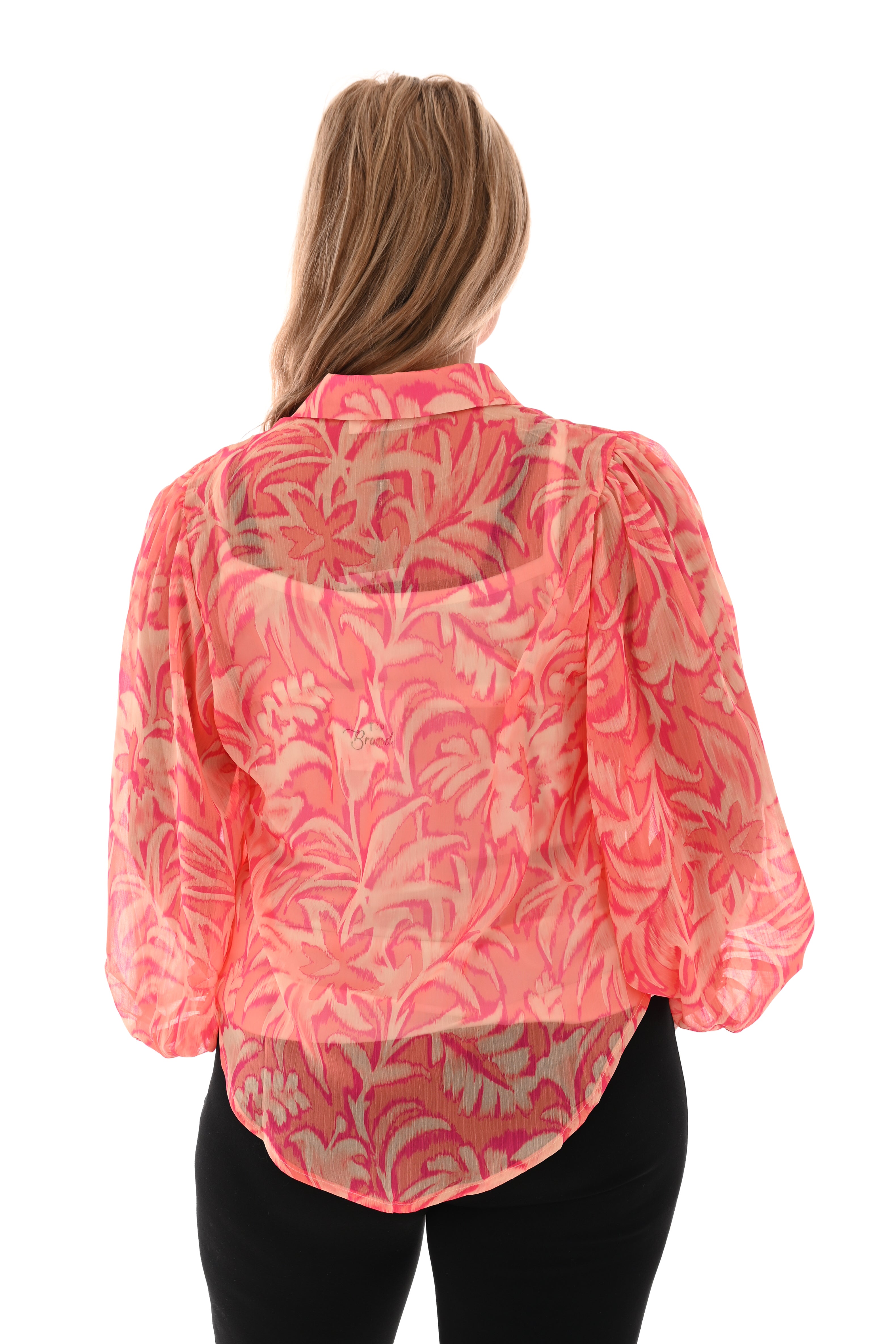 Doorzichtige blouse bladeren oranje/roze