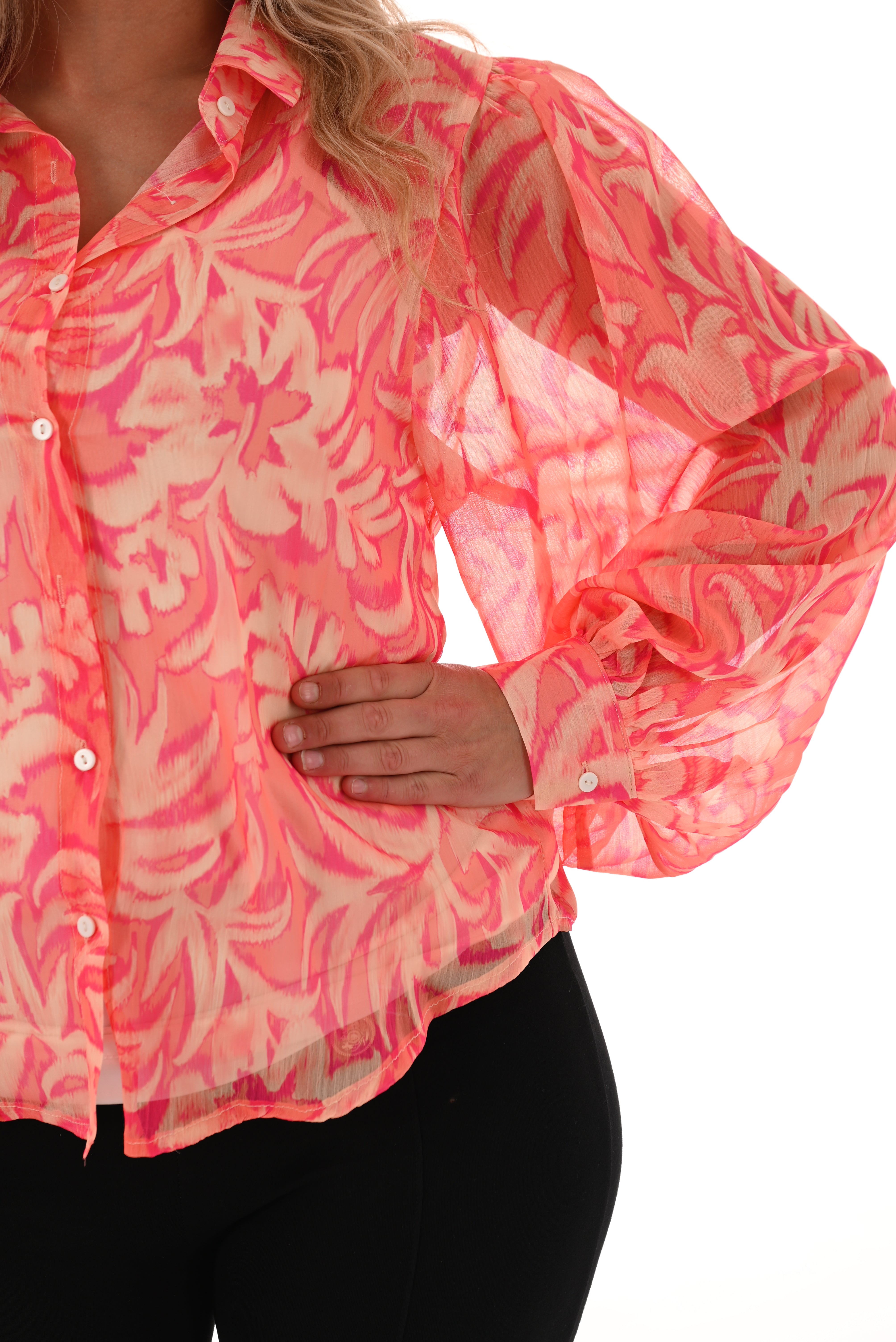 Doorzichtige blouse bladeren oranje/roze