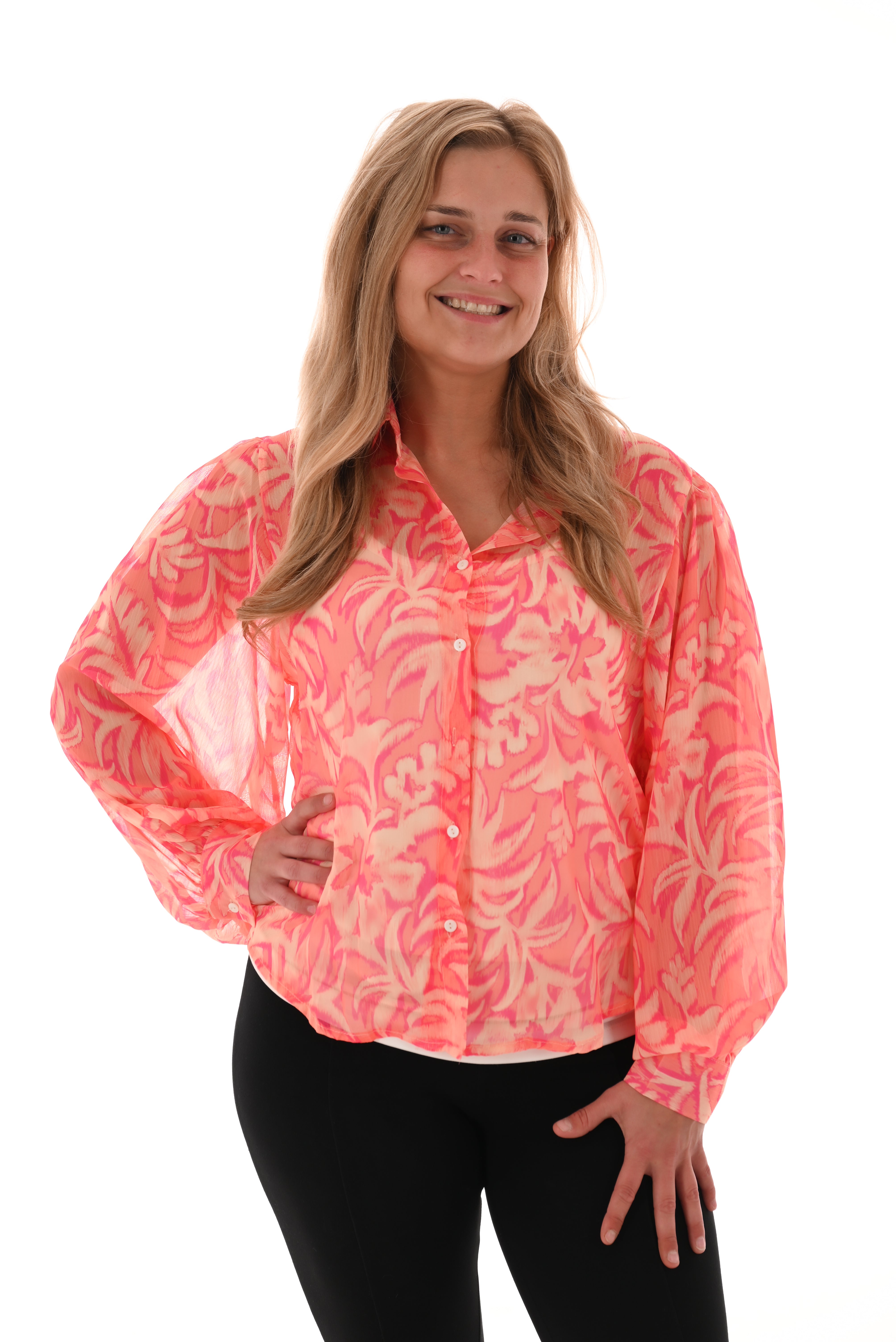 Doorzichtige blouse bladeren oranje/roze