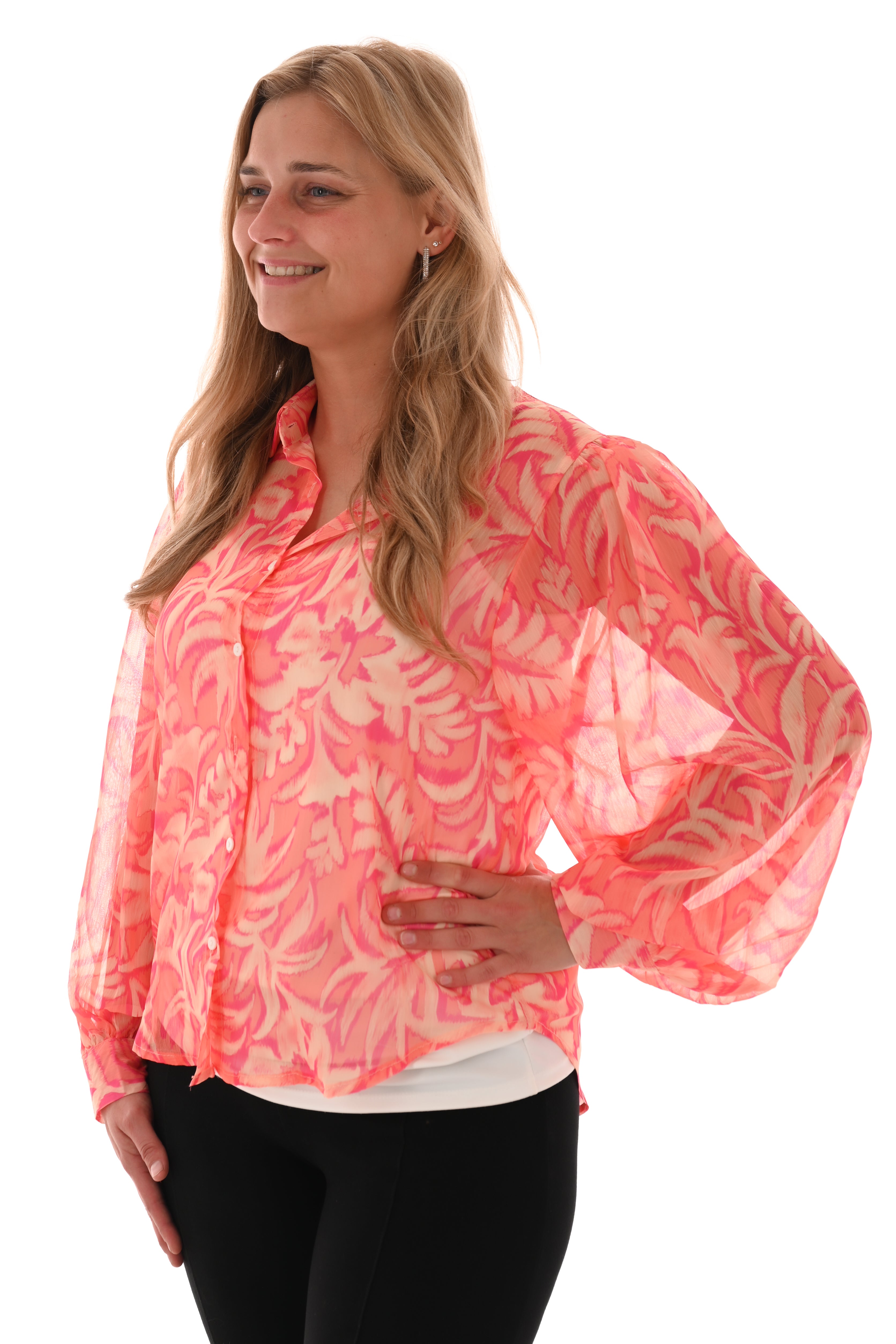 Doorzichtige blouse bladeren oranje/roze