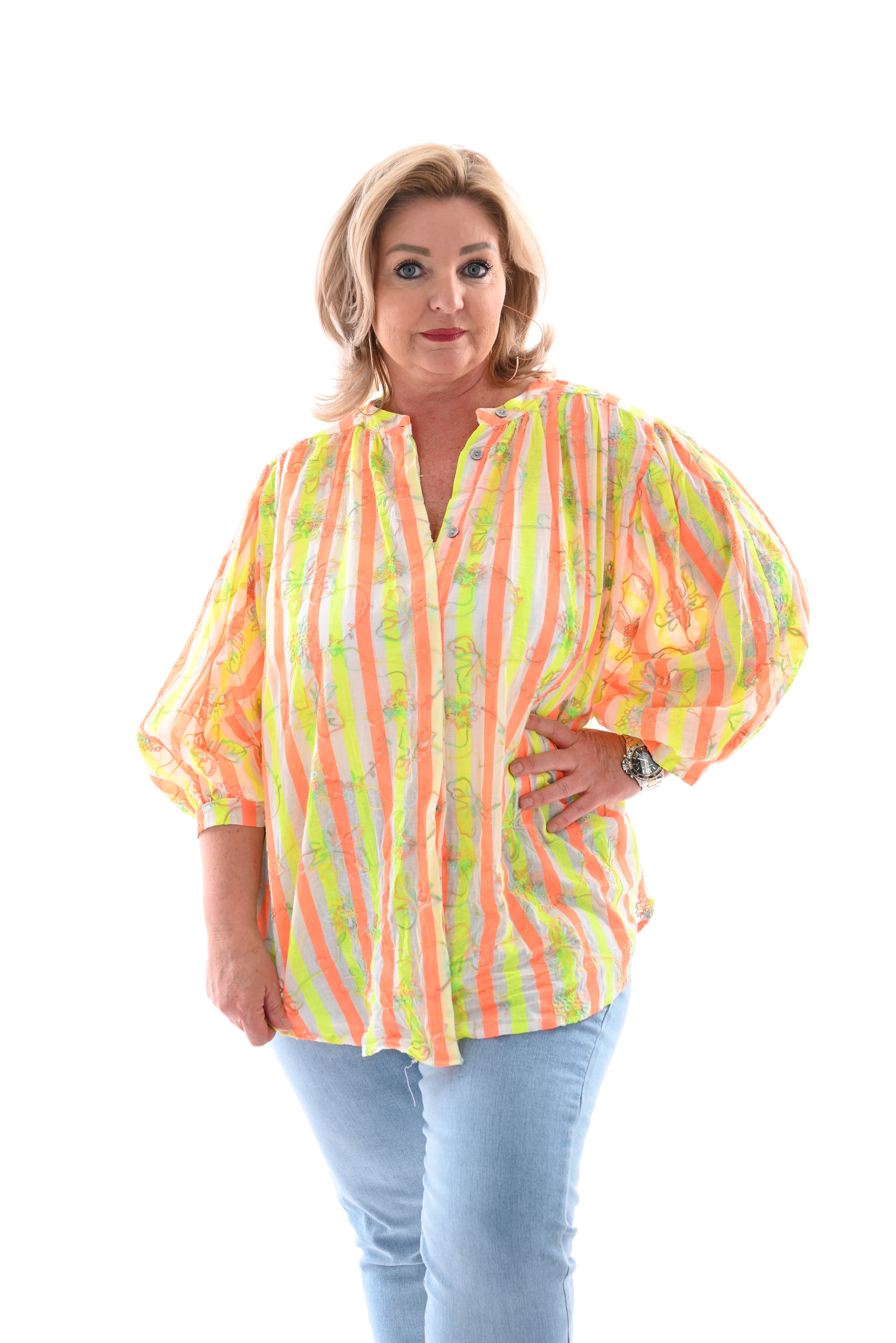 Top gestreept bloemen fel oranje/ neon geel