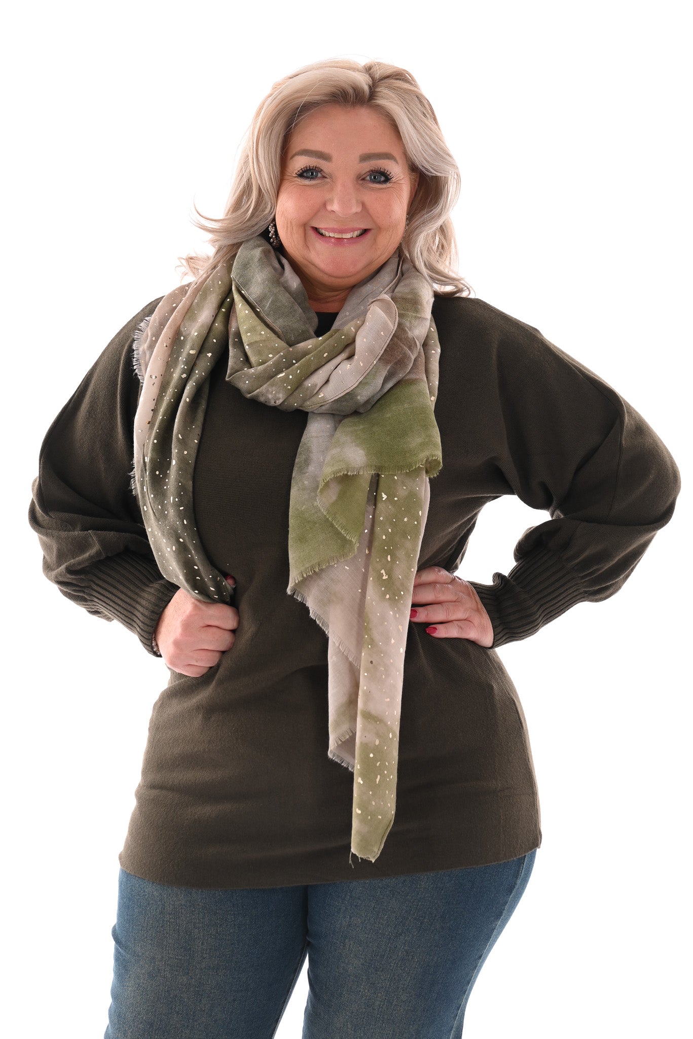 Trui met knoopjes pofmouwen legergroen