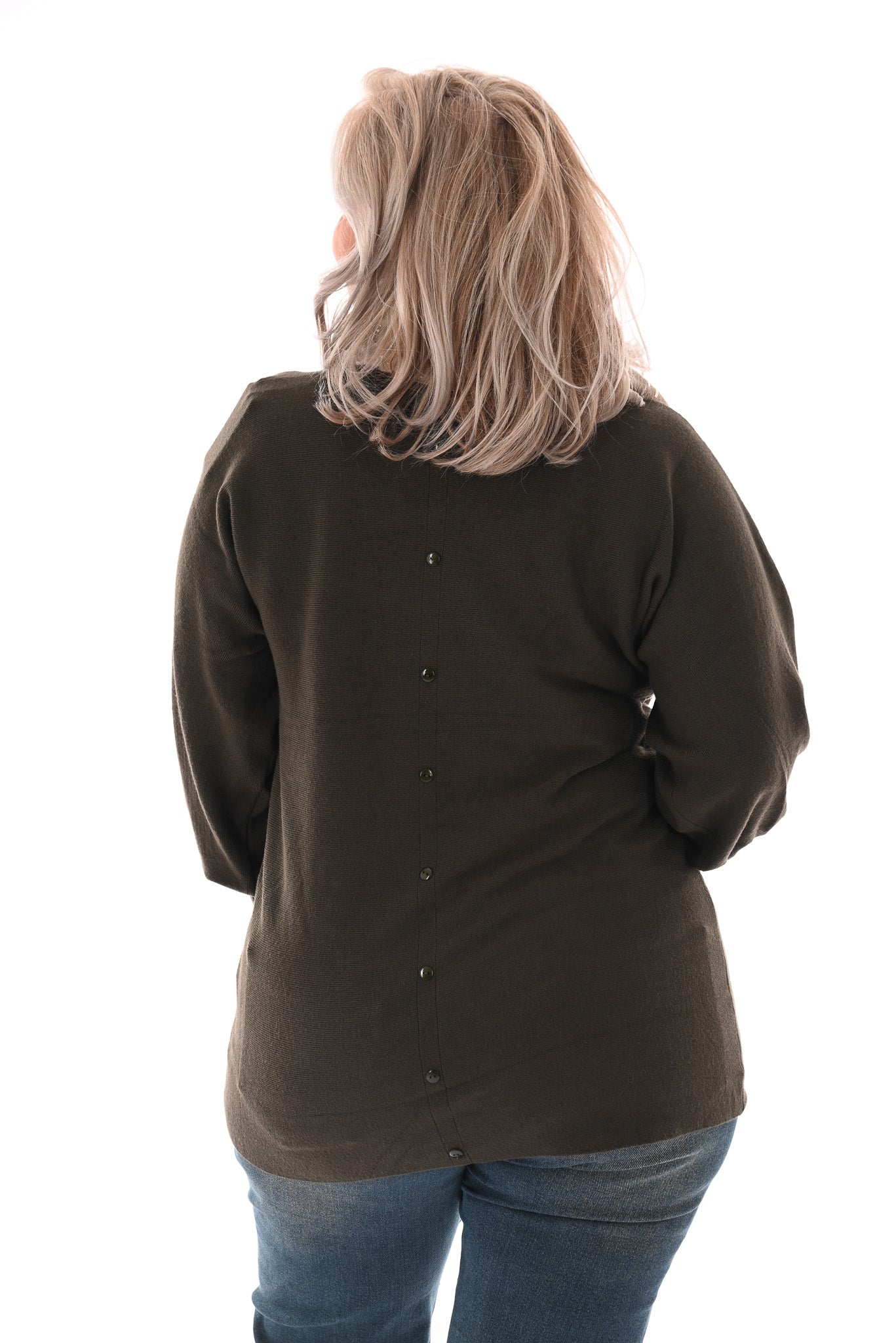 Trui met knoopjes pofmouwen legergroen