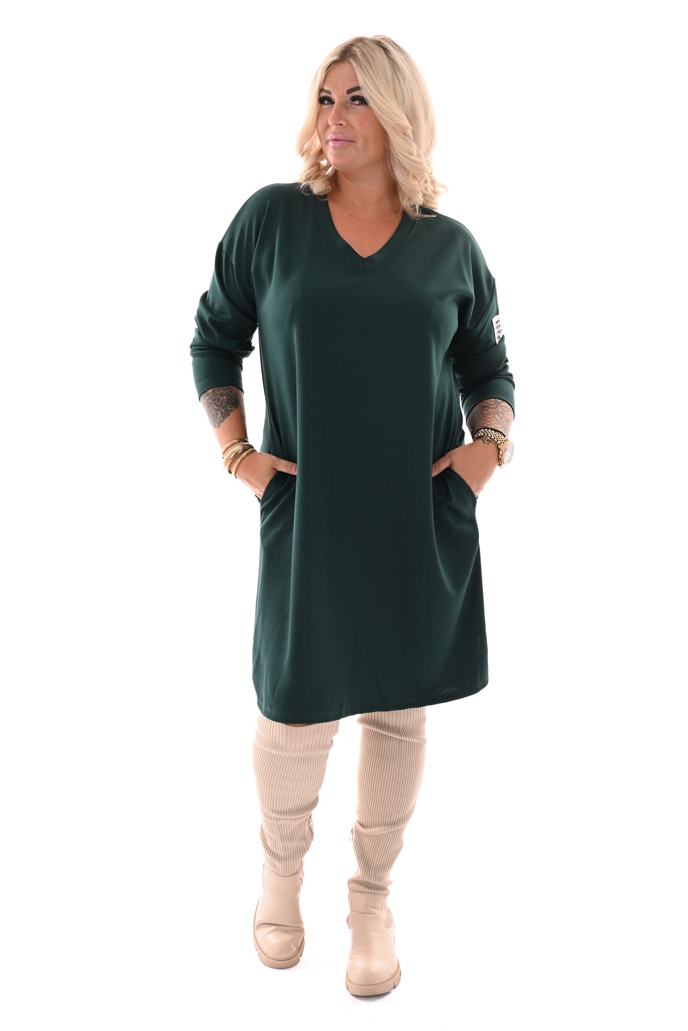Sweaterdress v-hals applicatie flessengroen