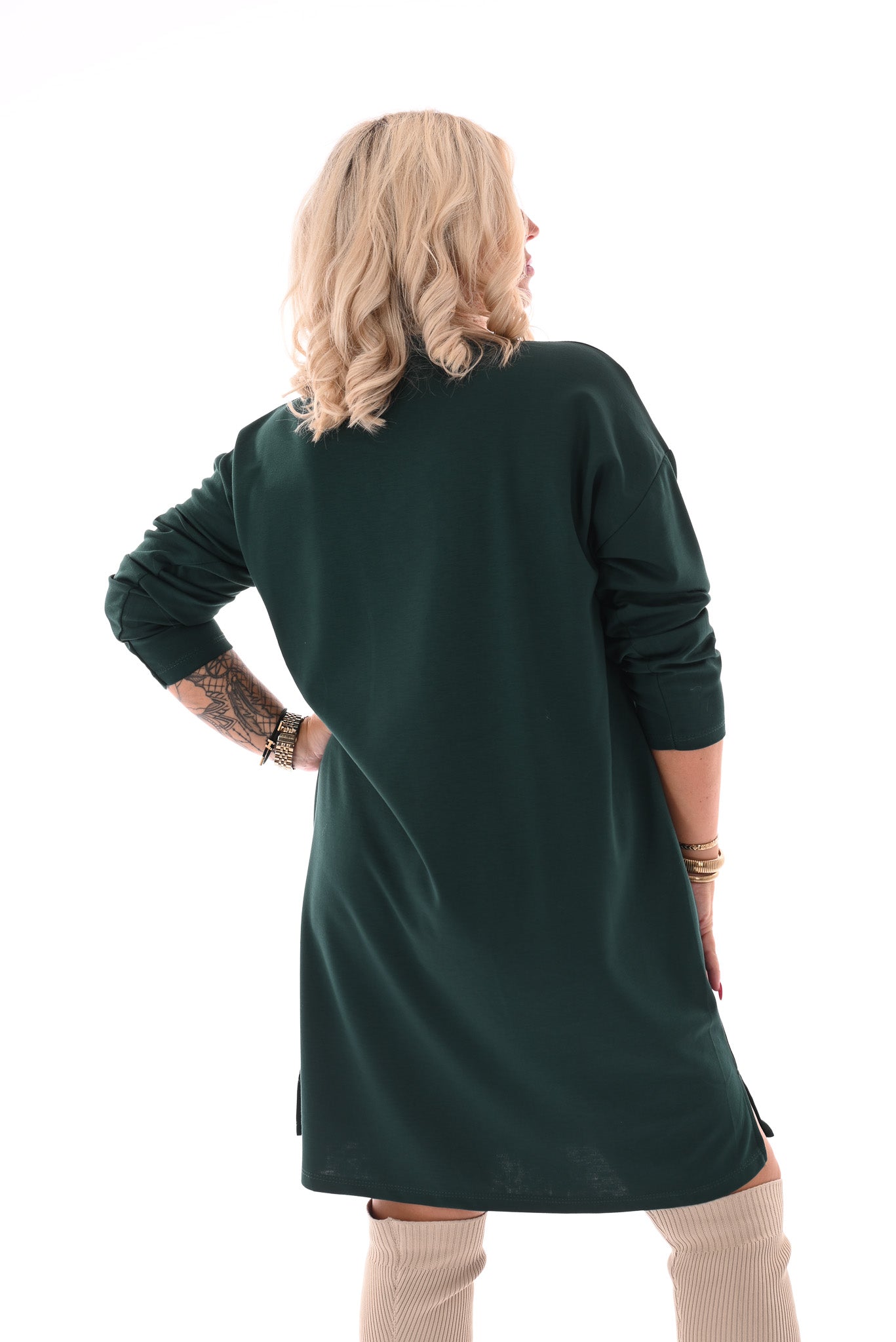 Sweaterdress v-hals applicatie flessengroen