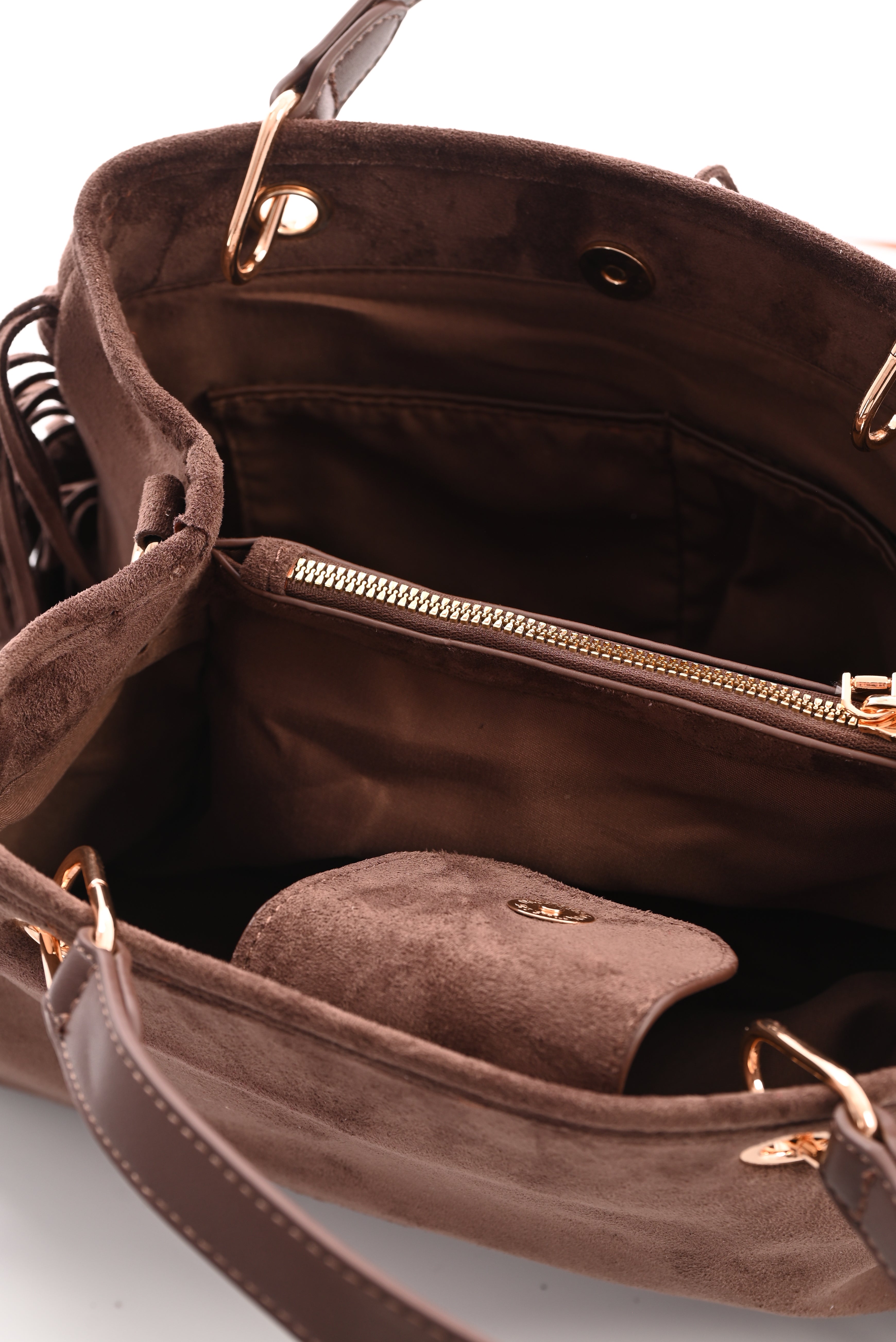 Tas suedinelook franjes donkerbruin