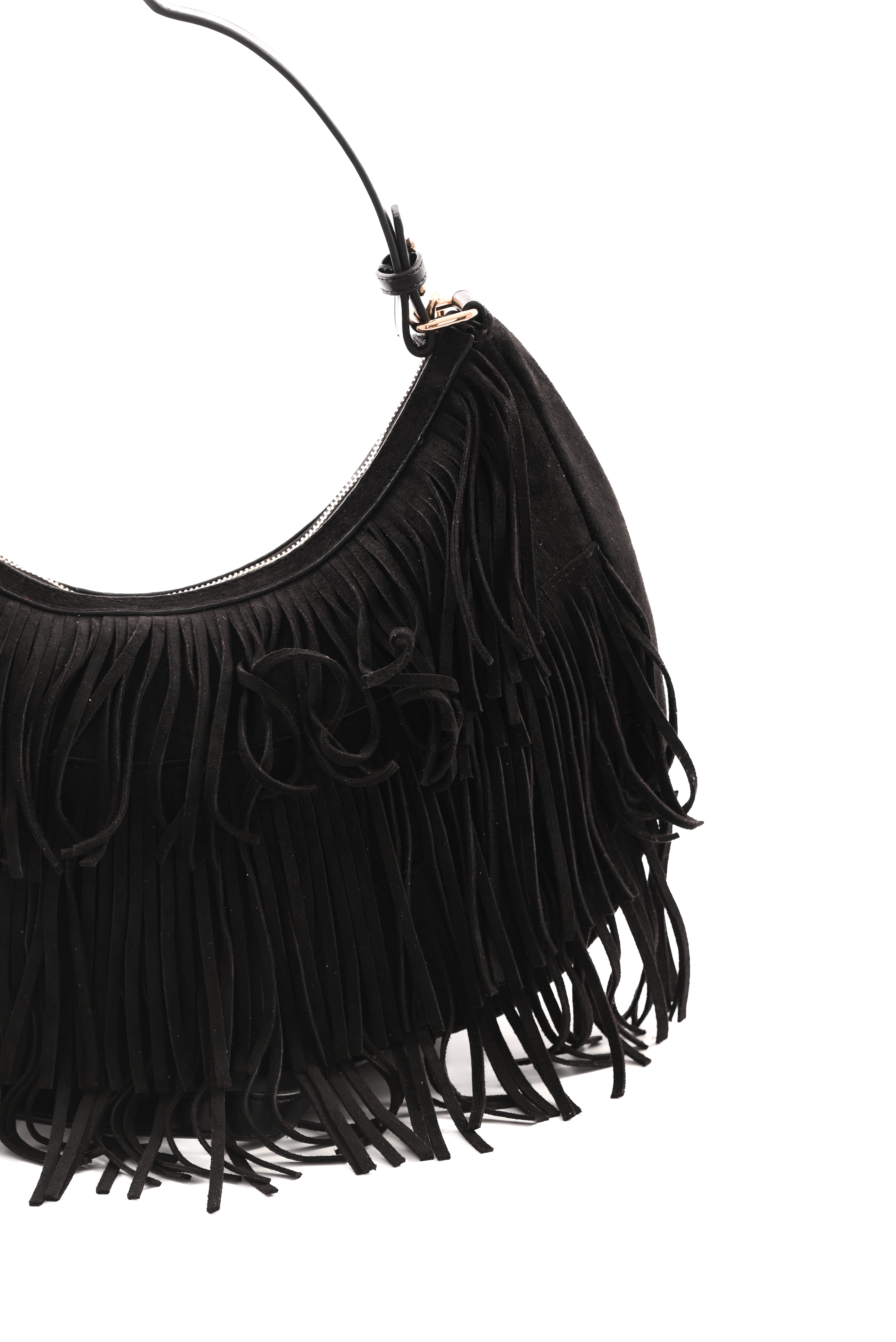 Tas suedinelook franjes rond zwart