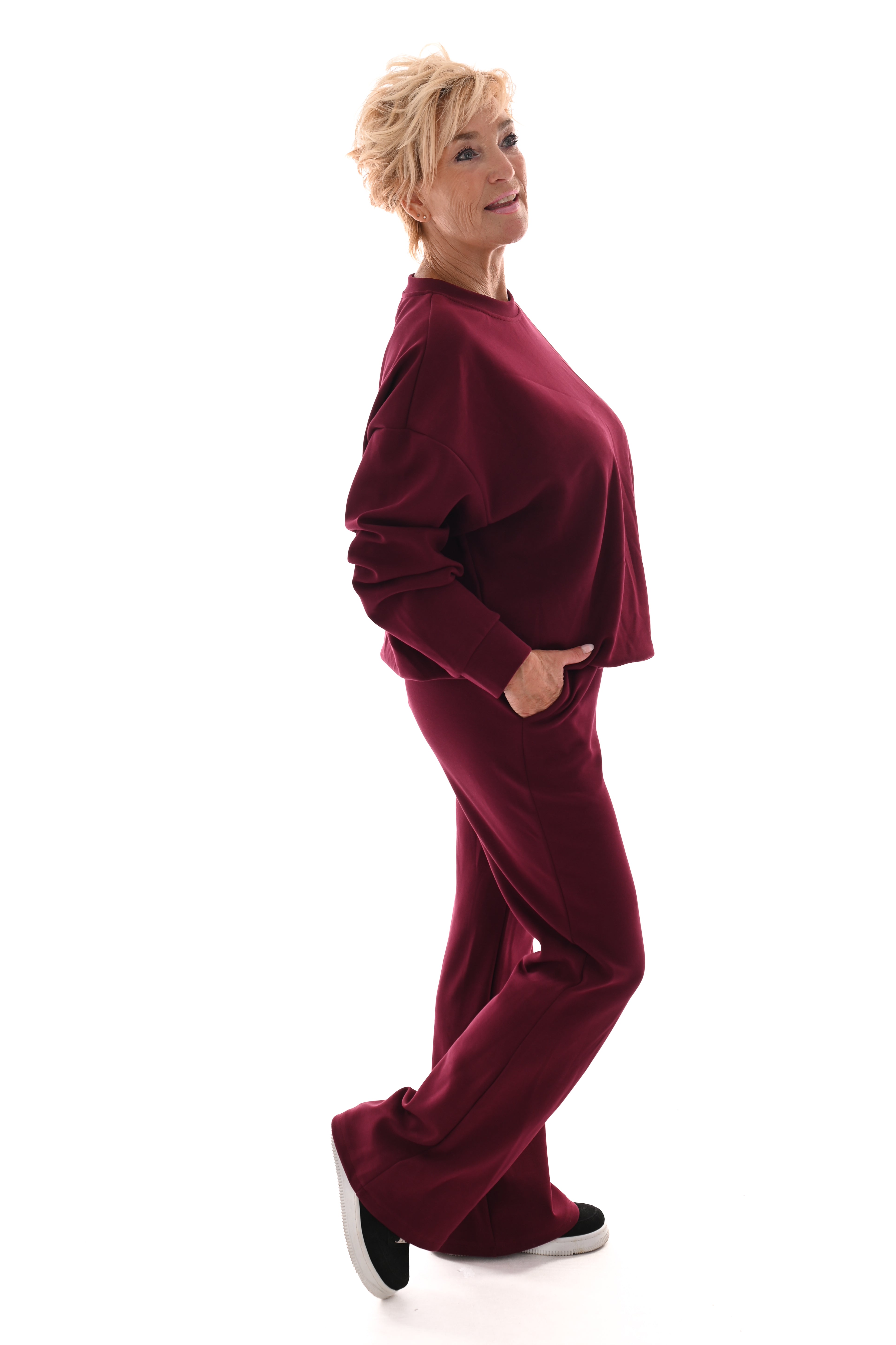 Tweedelig pak ronde hals uni bordeaux