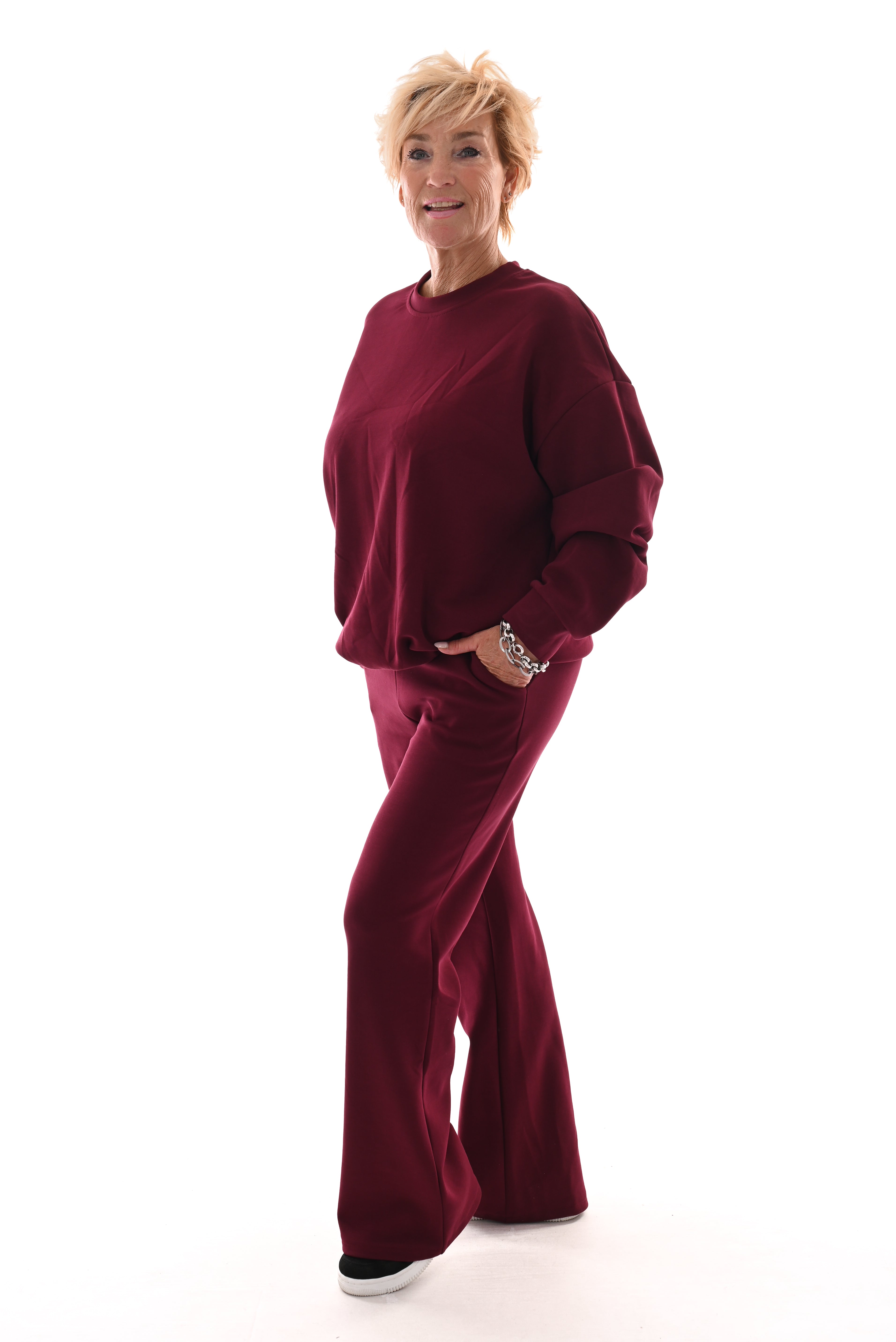 Tweedelig pak ronde hals uni bordeaux