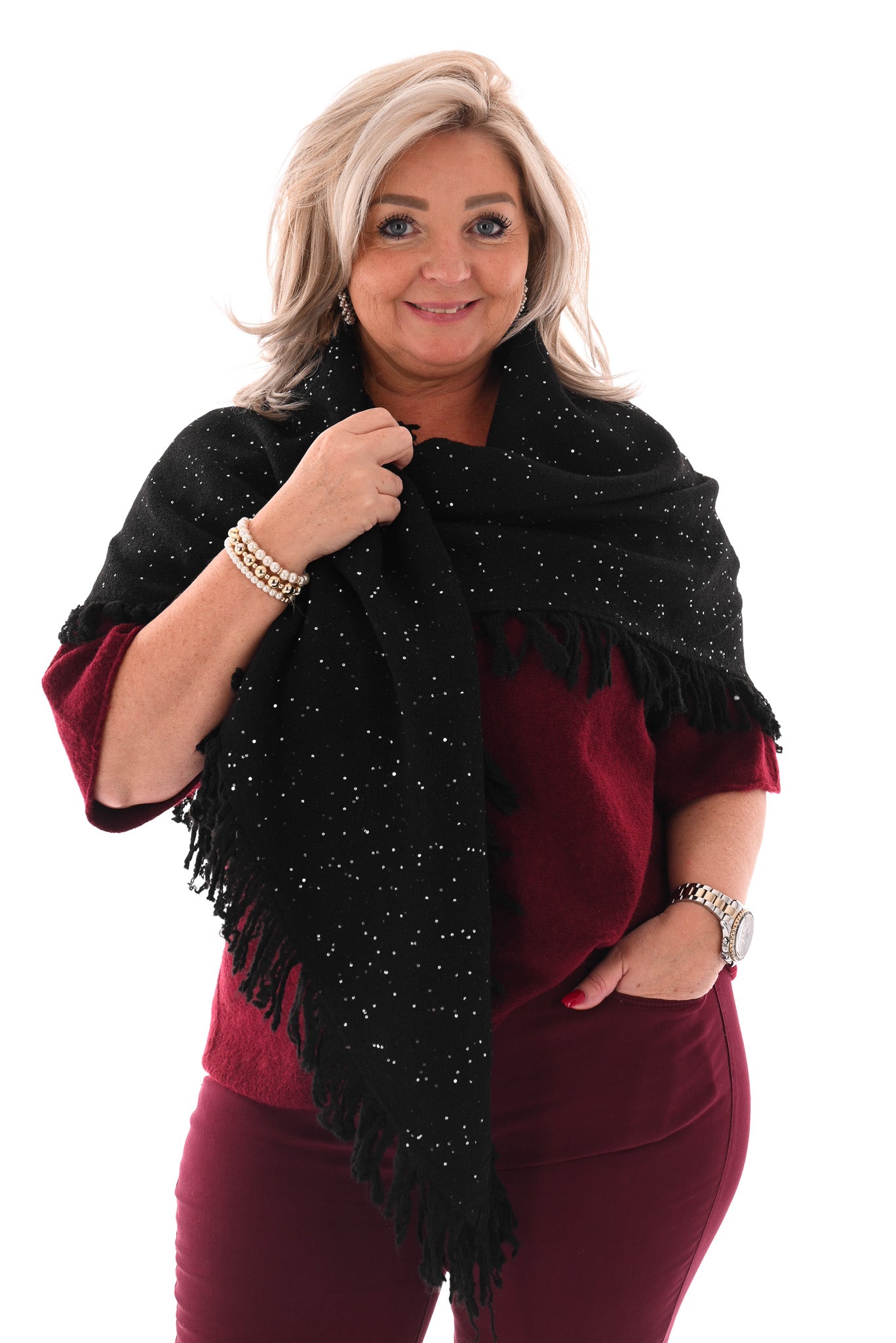 Sjaal met pailletten en franjes zwart