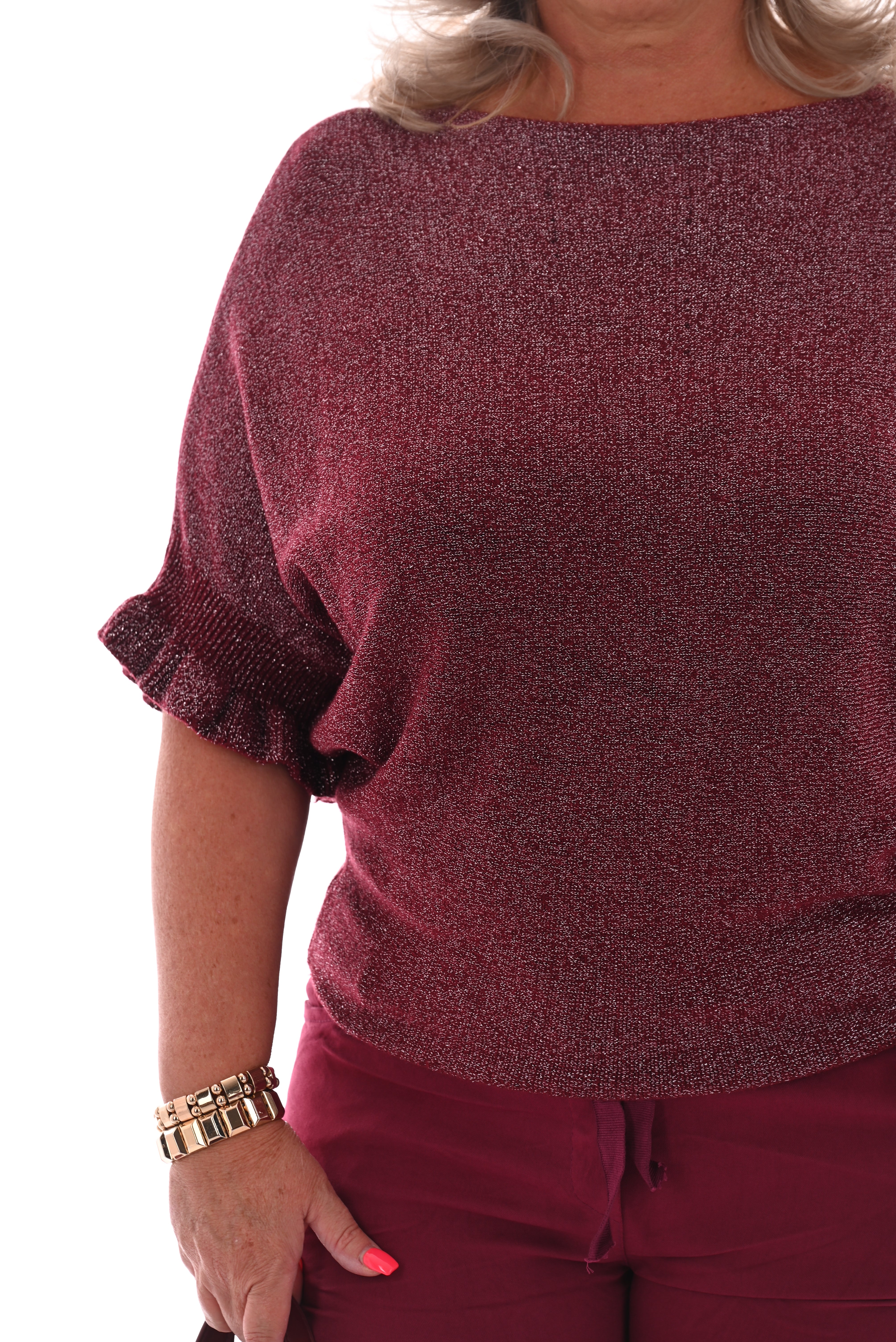 Vleermuis trui korte roezel mouwen glitter bordeaux