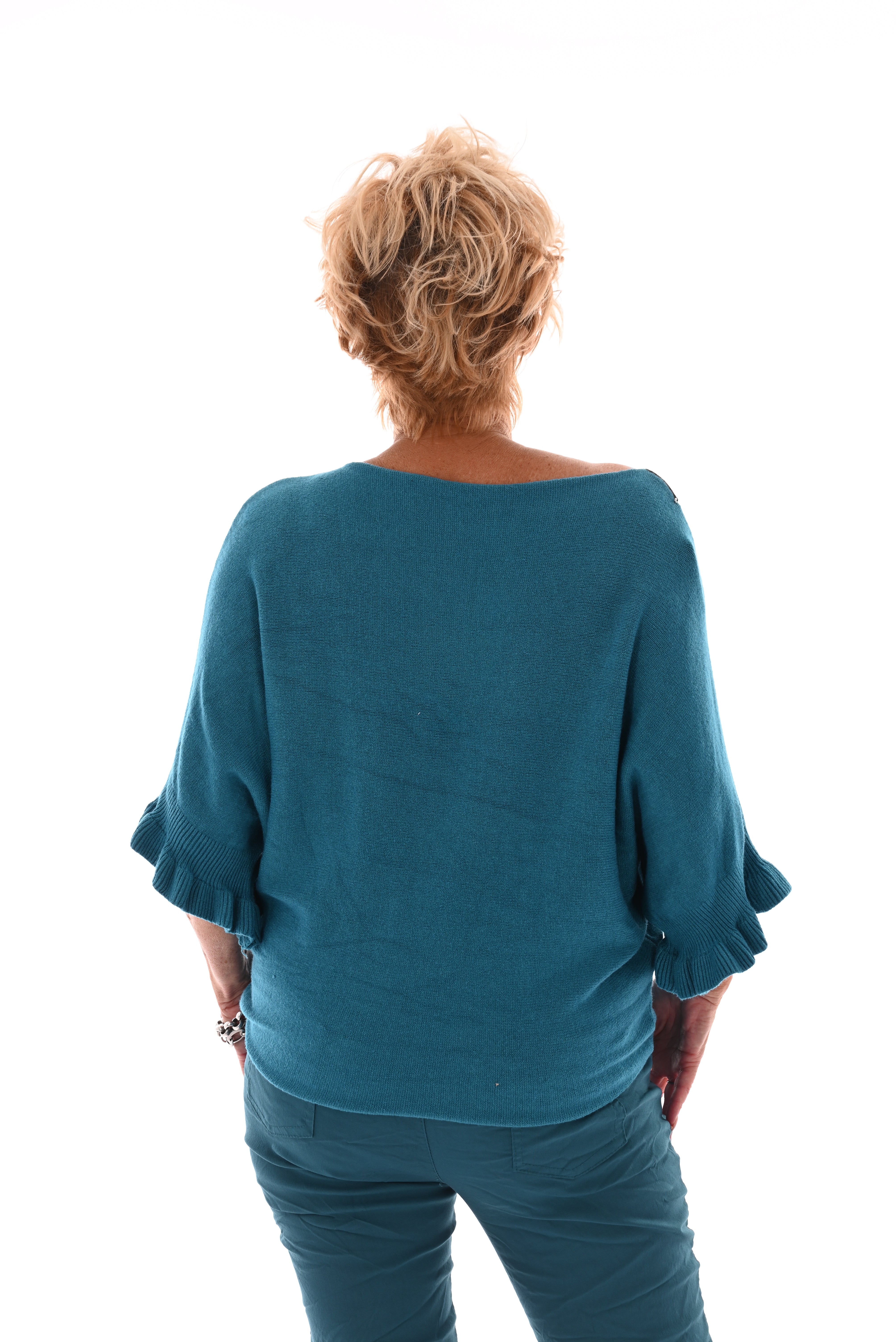 Vleermuis trui korte roezel mouwen uni blauw