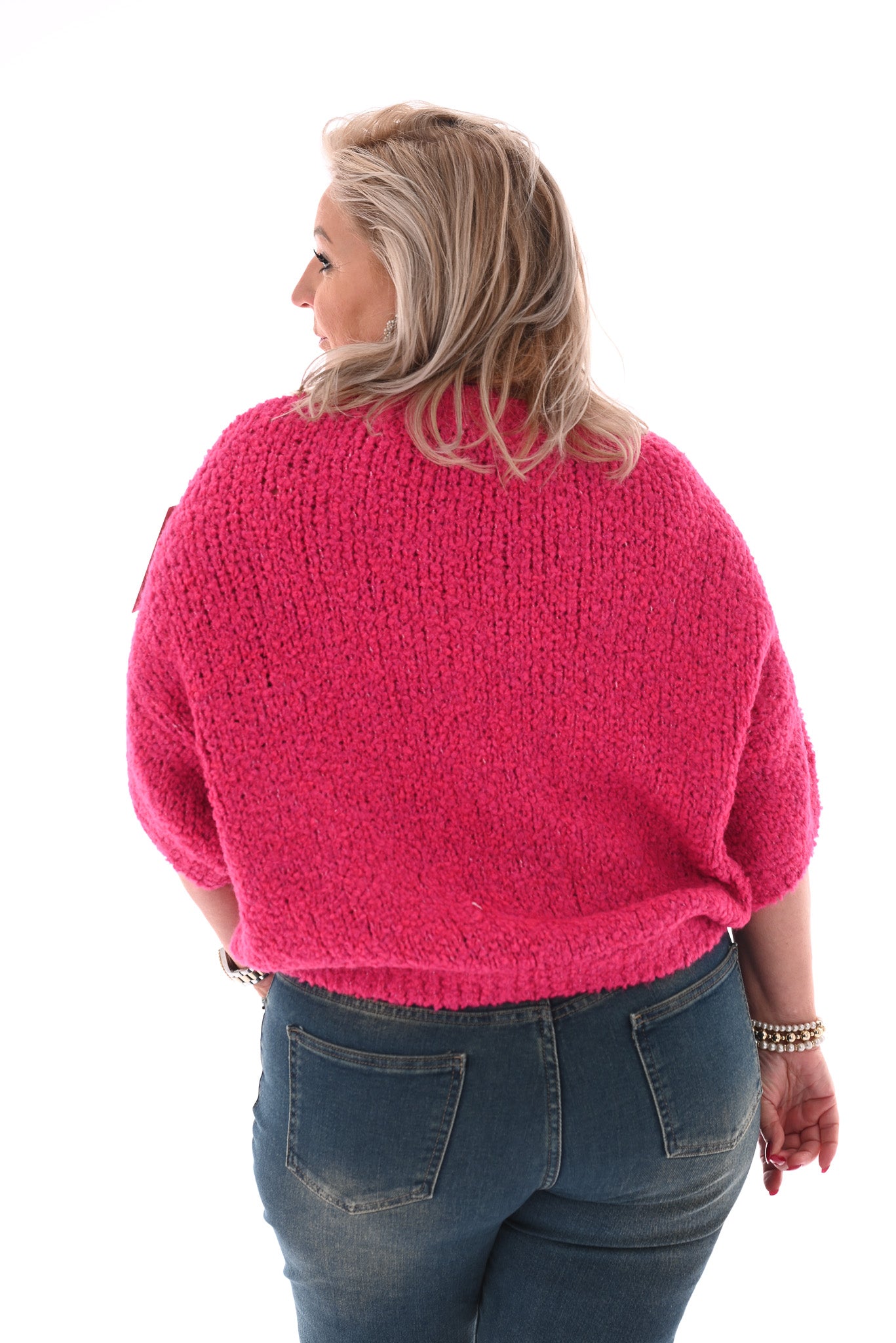 Boucle trui korte mouwen fuchsia
