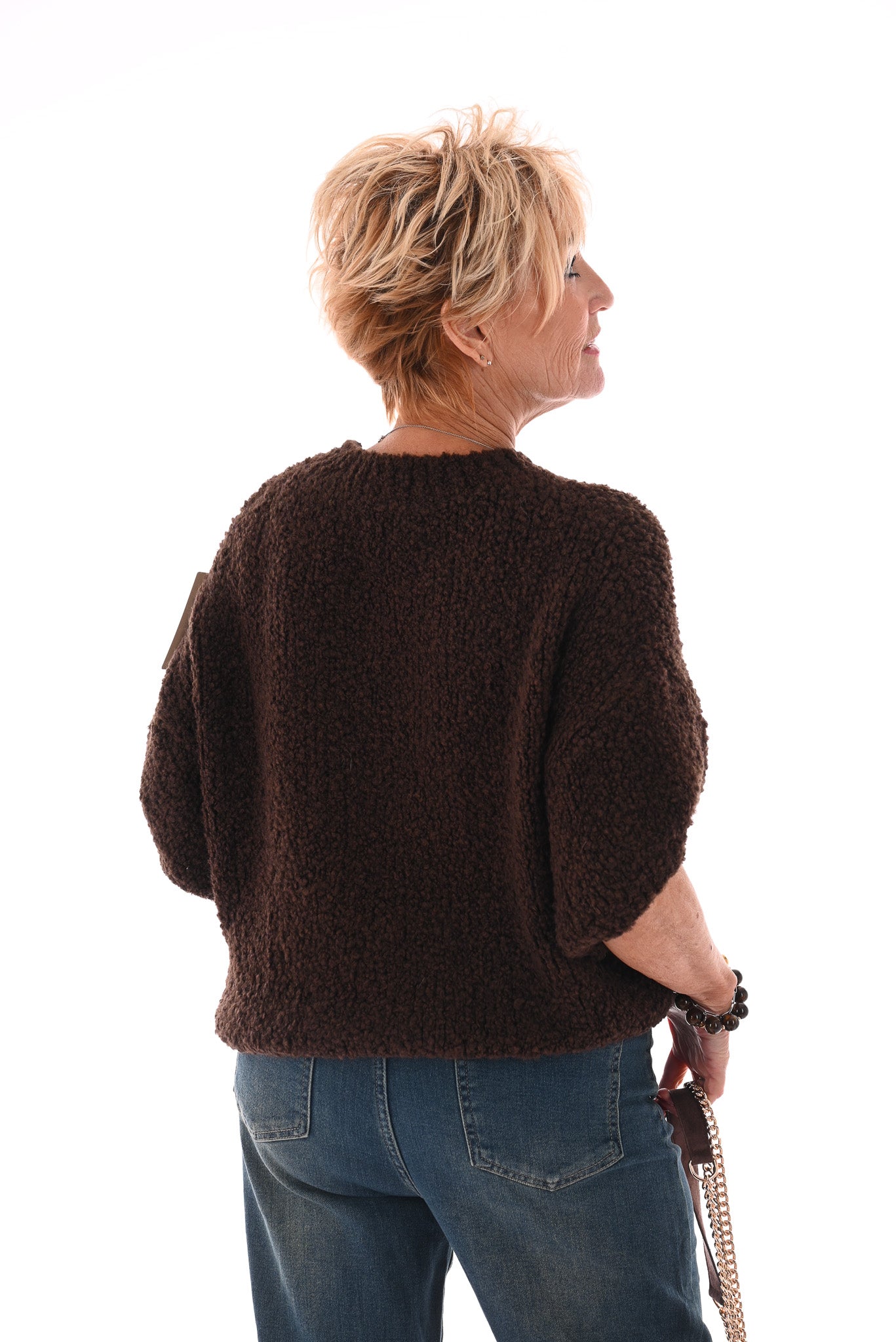Boucle trui korte mouwen donkerbruin