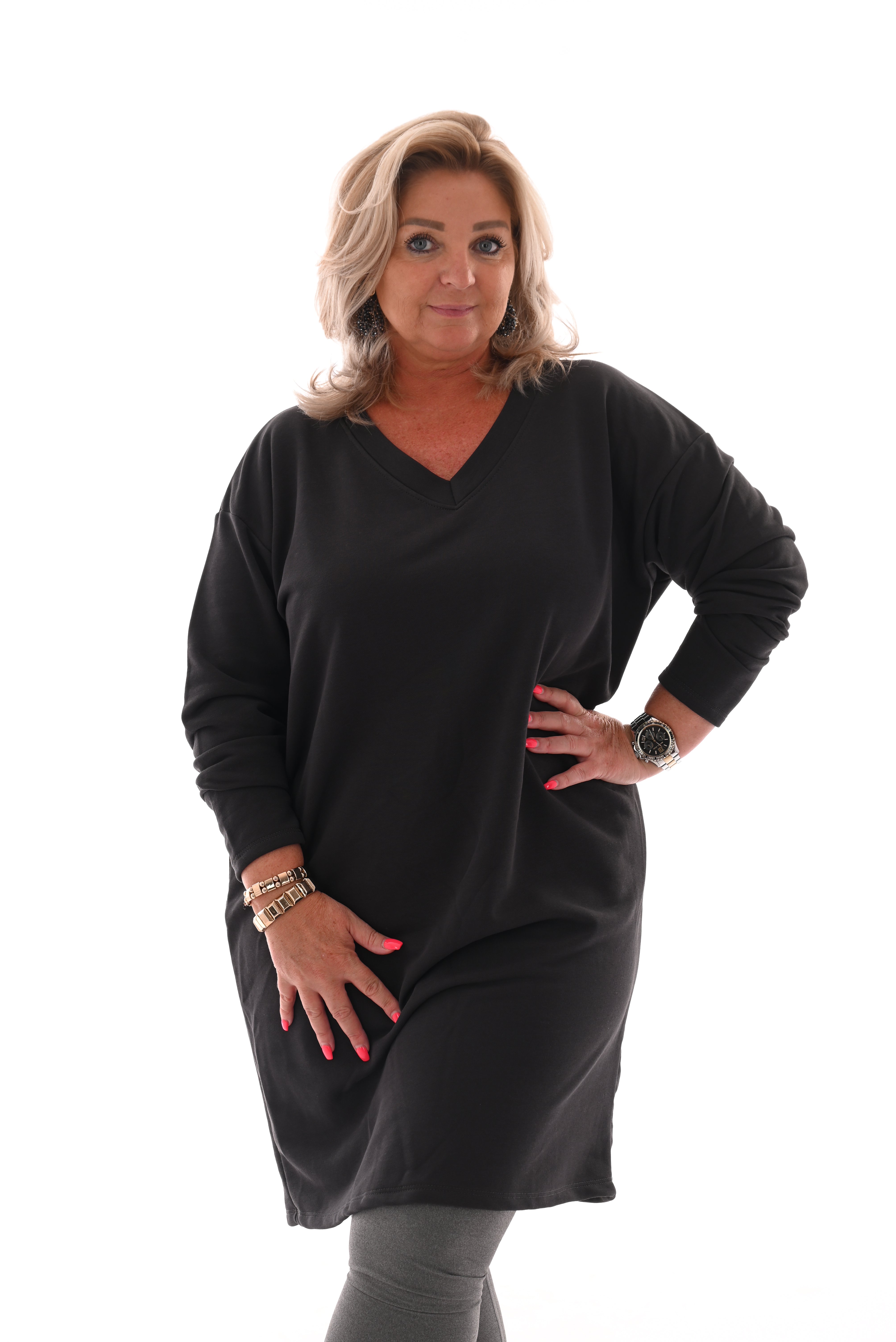 Sweaterdress v-hals uni antraciet