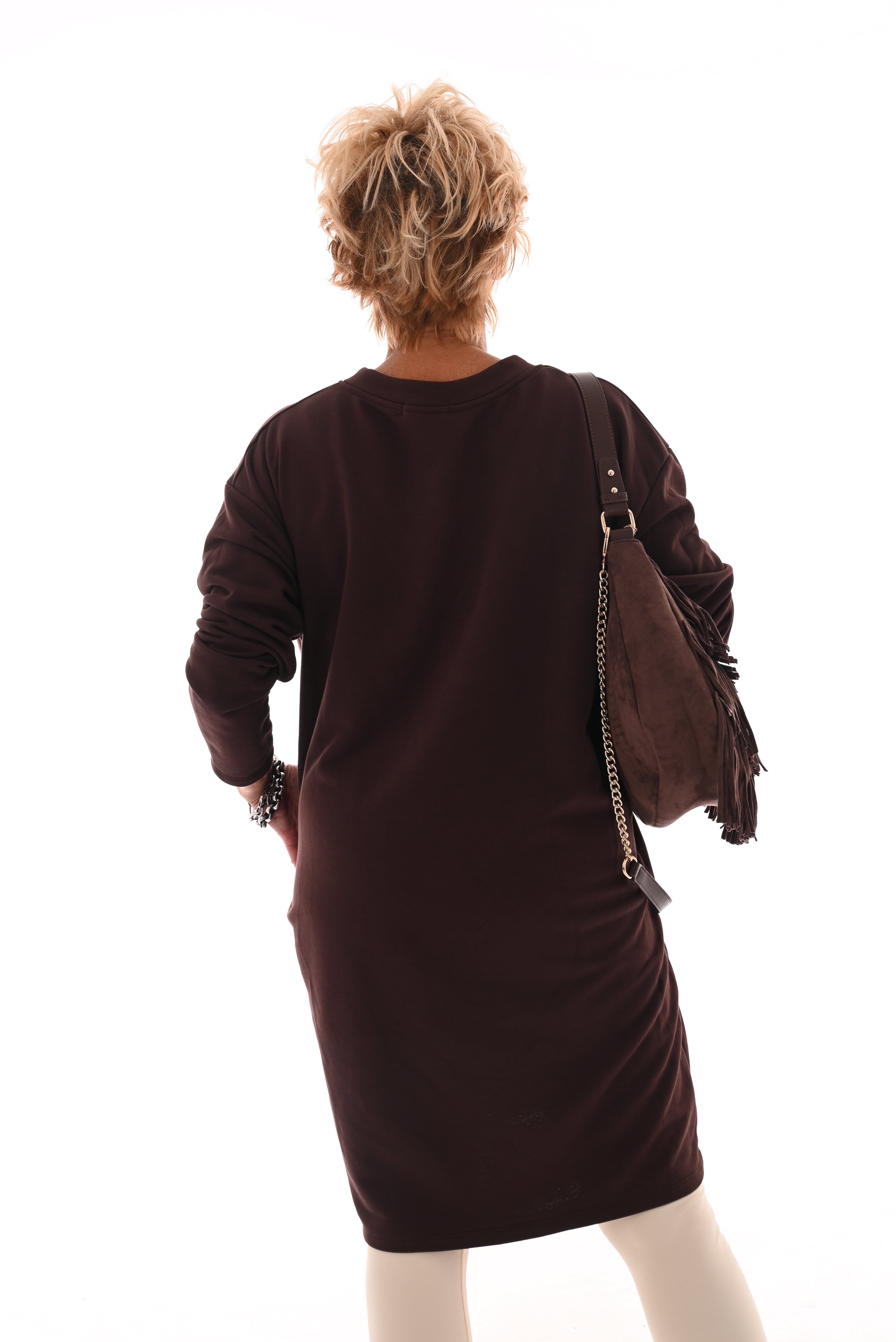 Sweaterdress v-hals uni donkerbruin