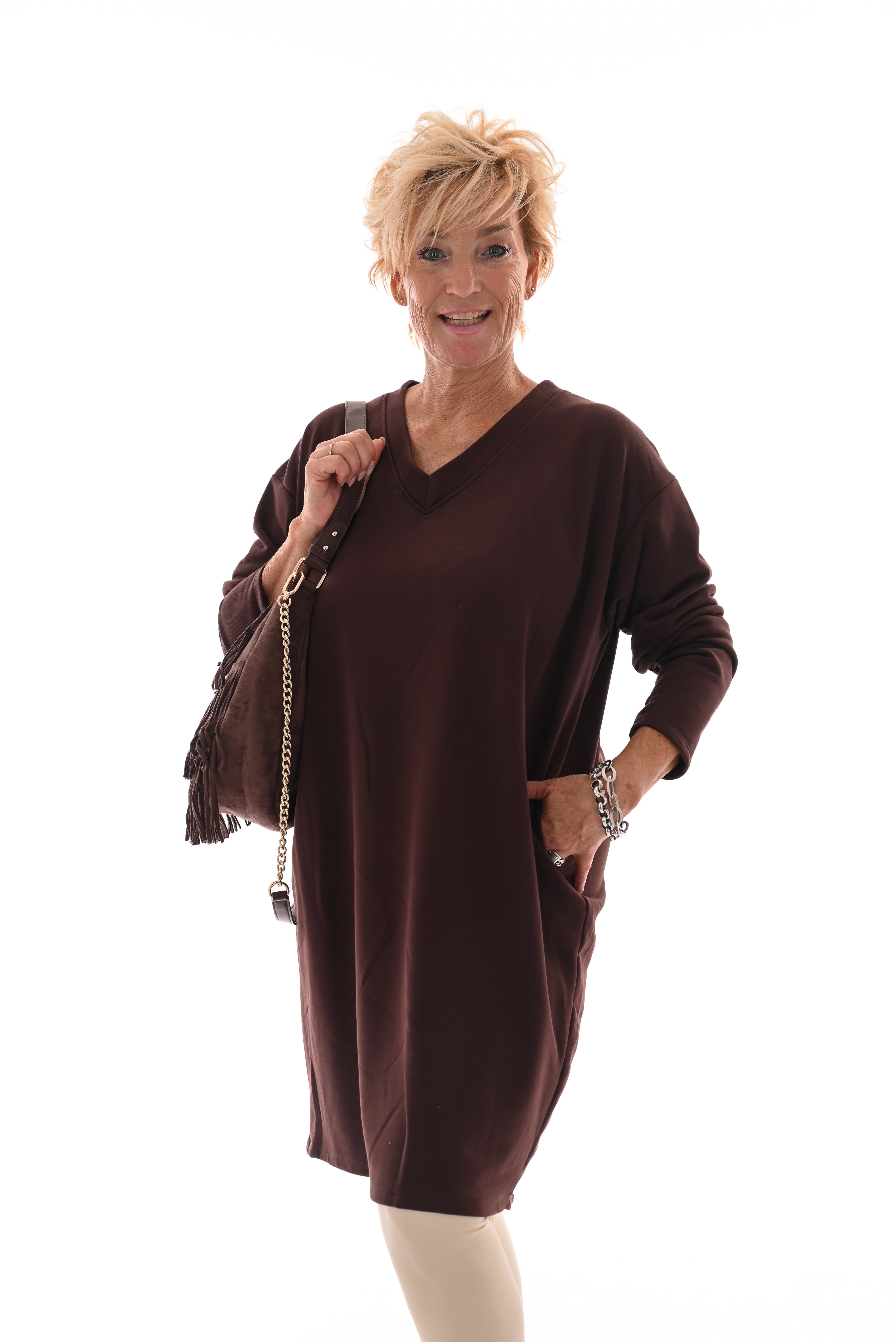 Sweaterdress v-hals uni donkerbruin