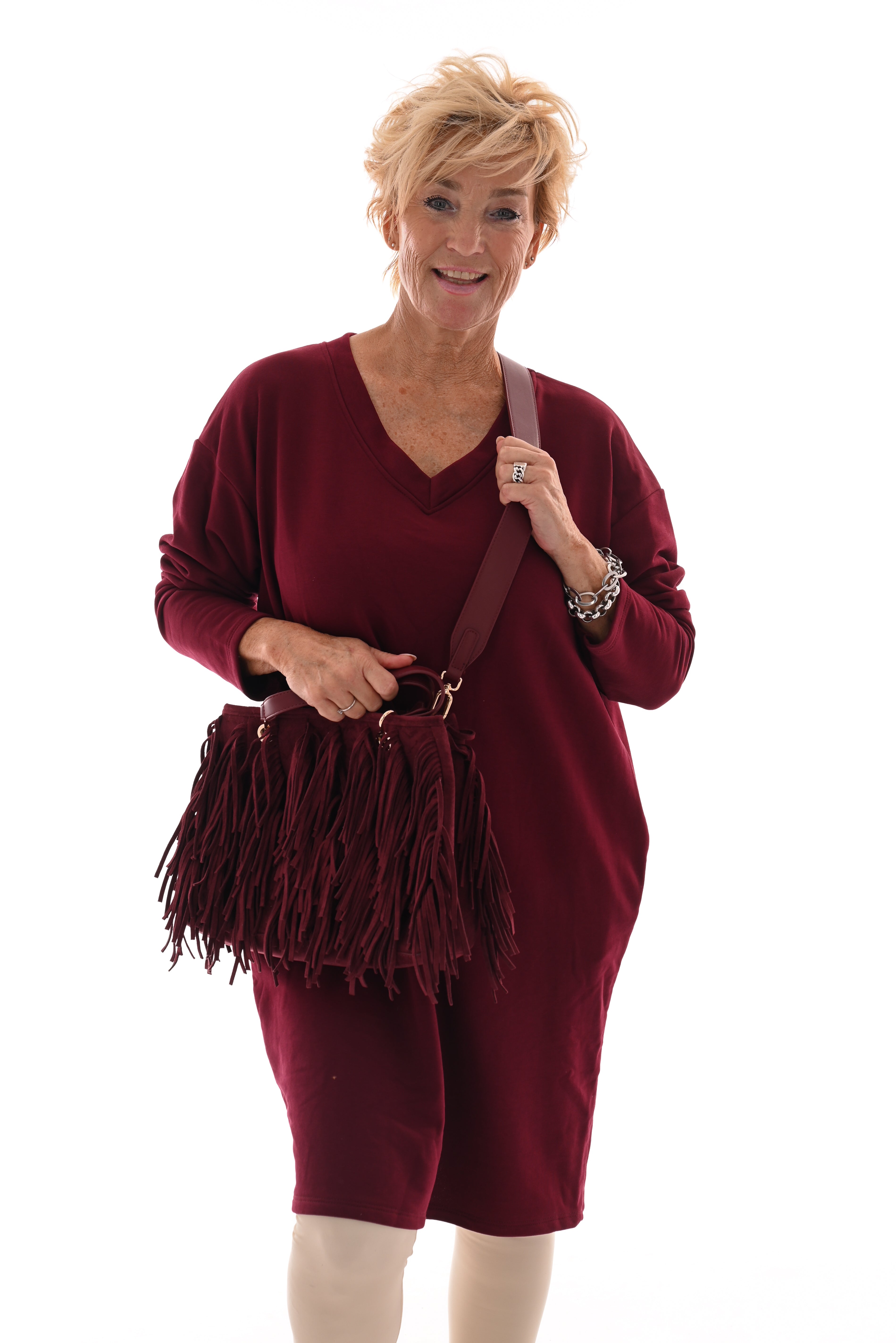 Sweaterdress v-hals uni bordeaux