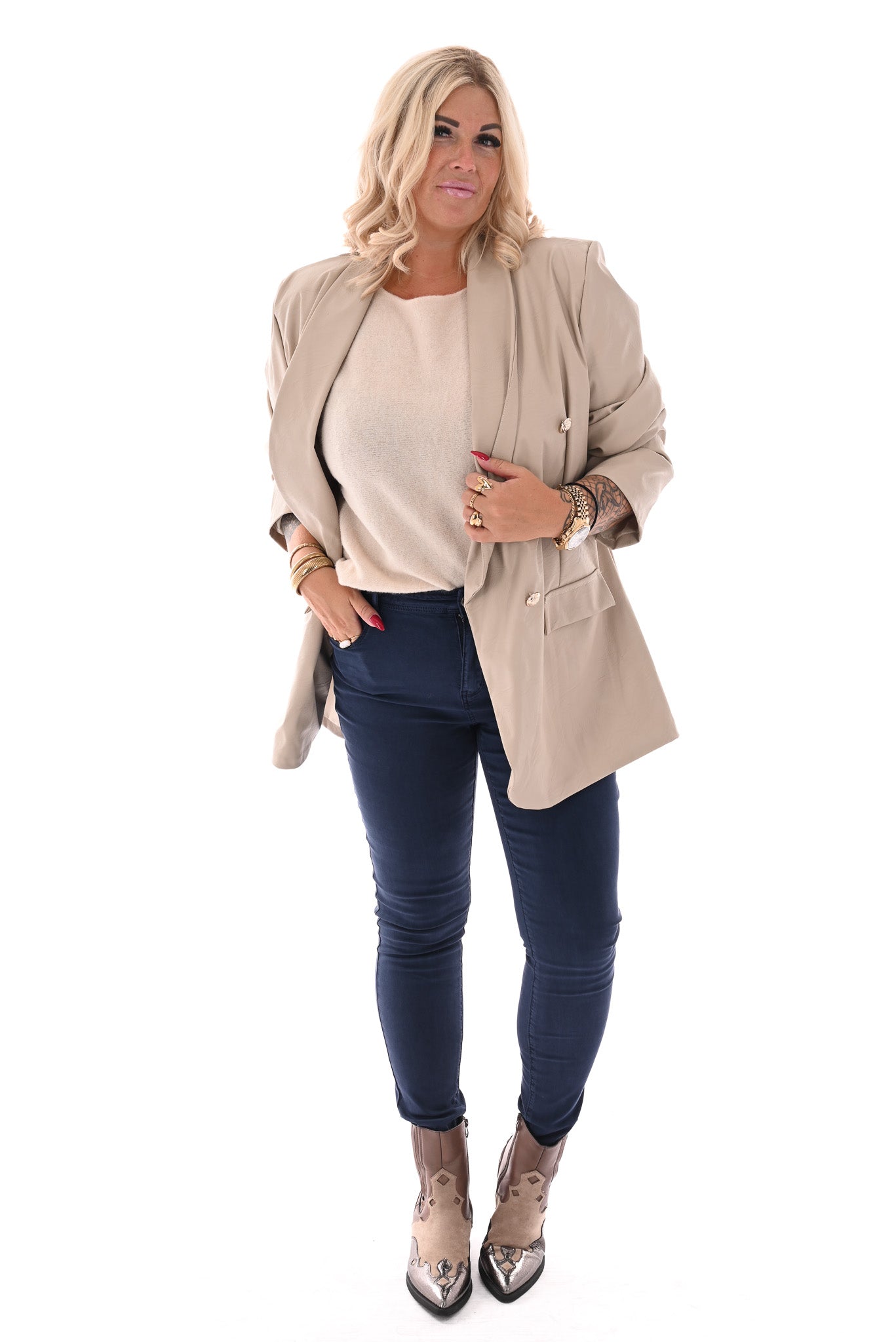 Leatherlook blazer met knopen beige