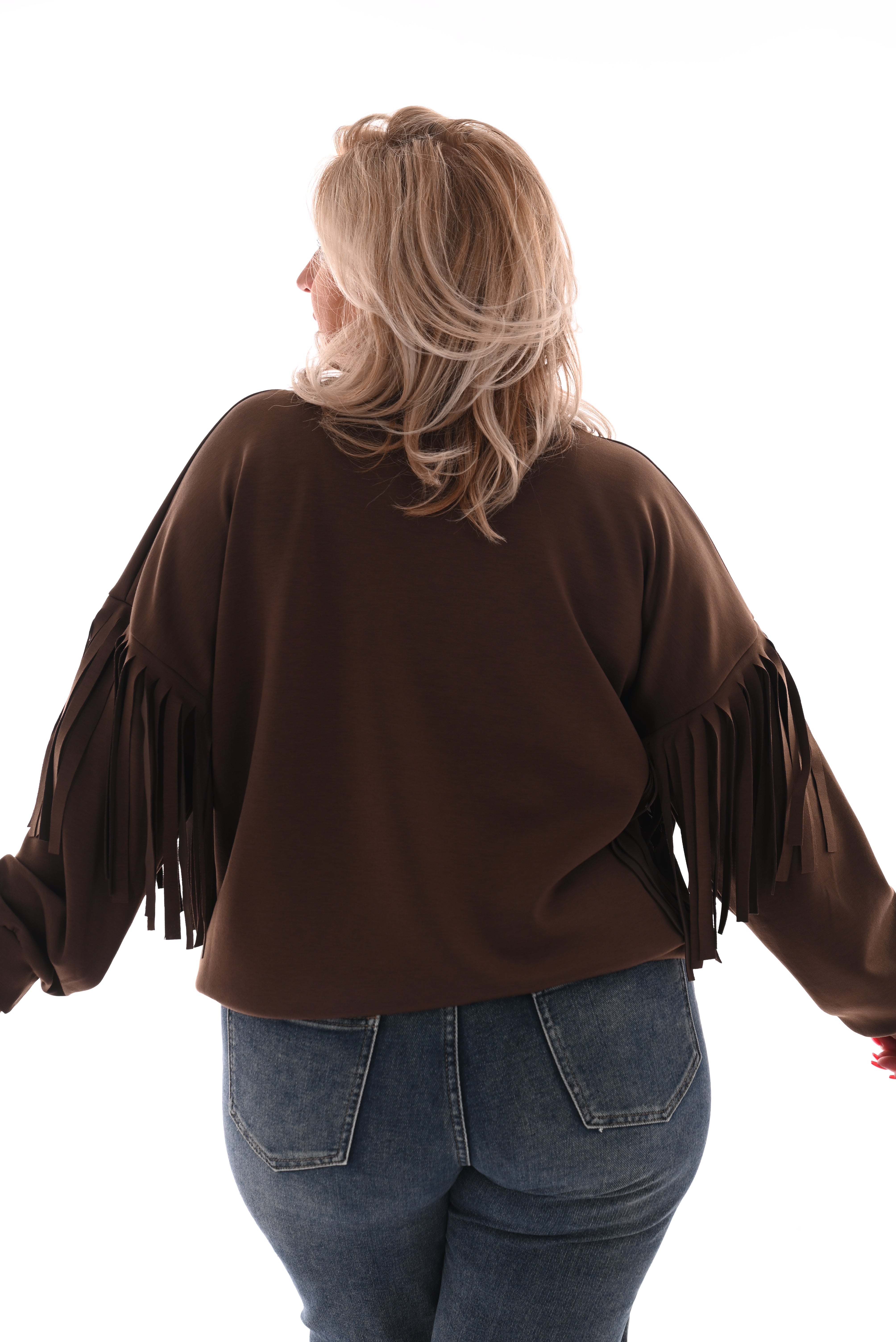Sweater met franjes aan de mouwen donkerbruin