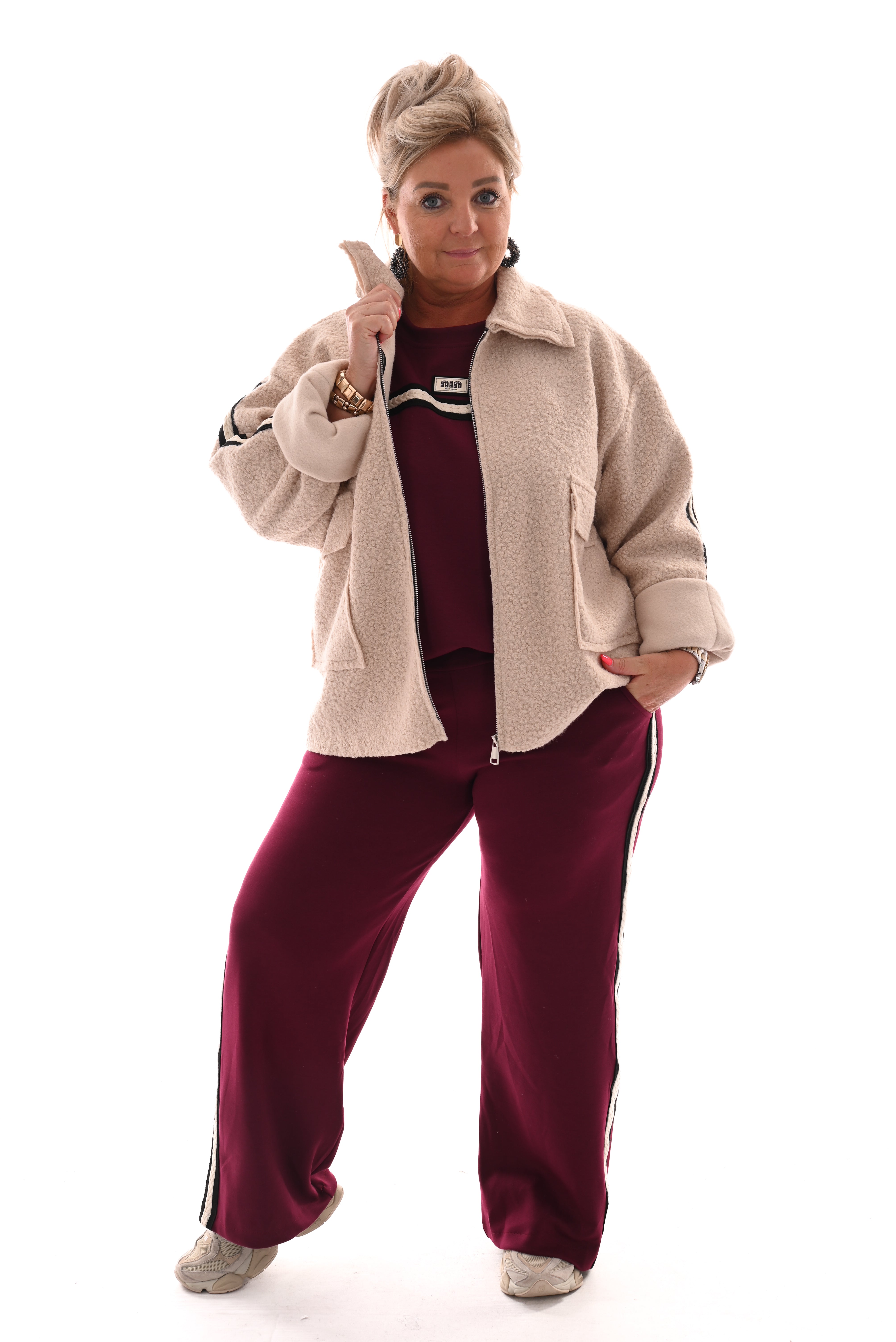 Boucle jas bies strepen beige