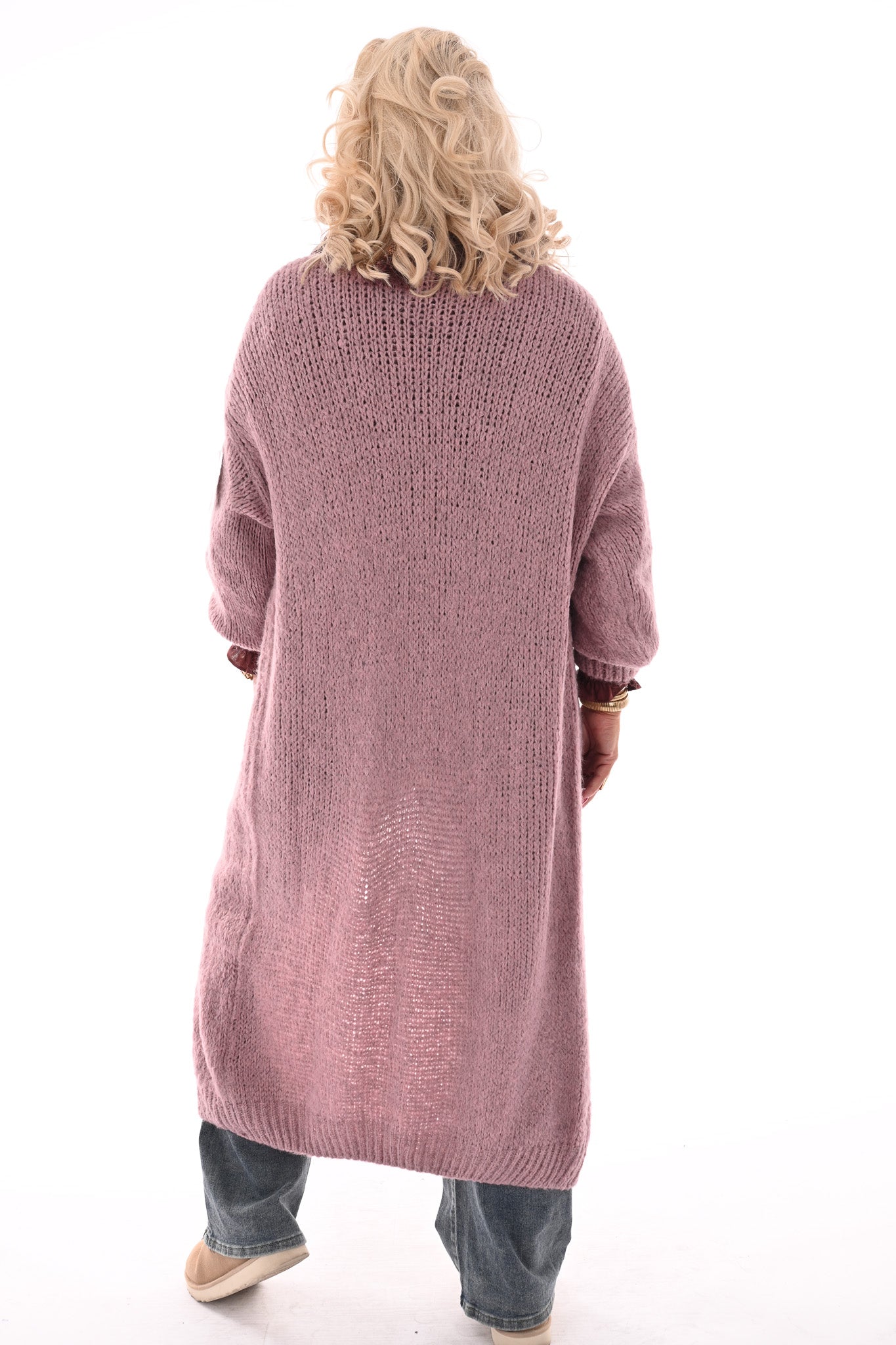 Lang gebreid vest met strik sluiting lichtroze