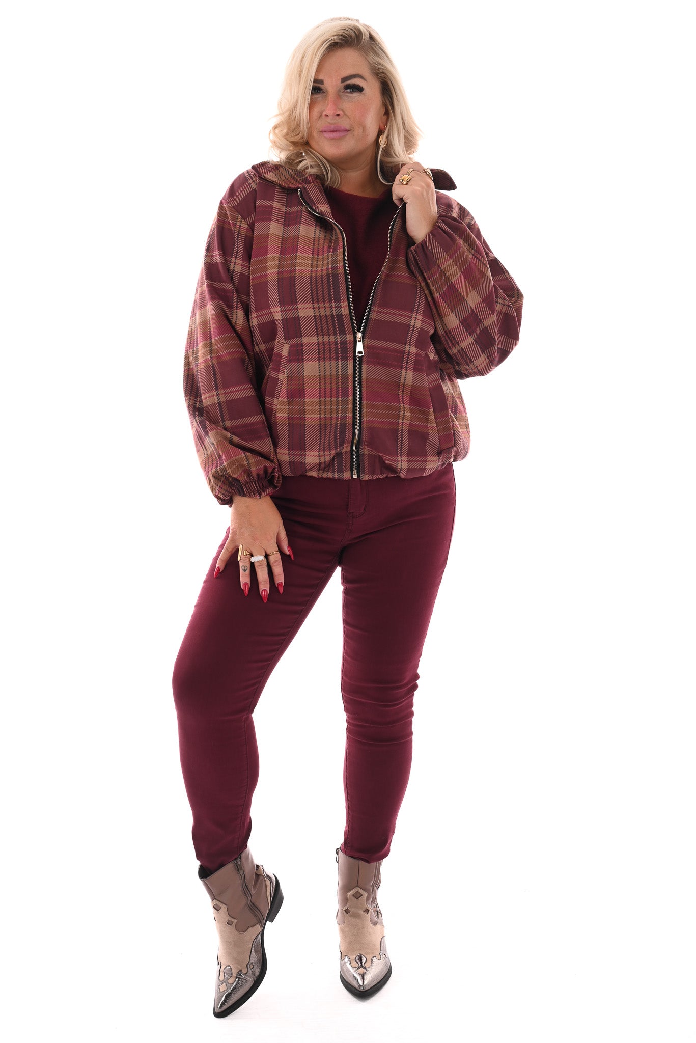 Kort jasje ruit patroon aubergine