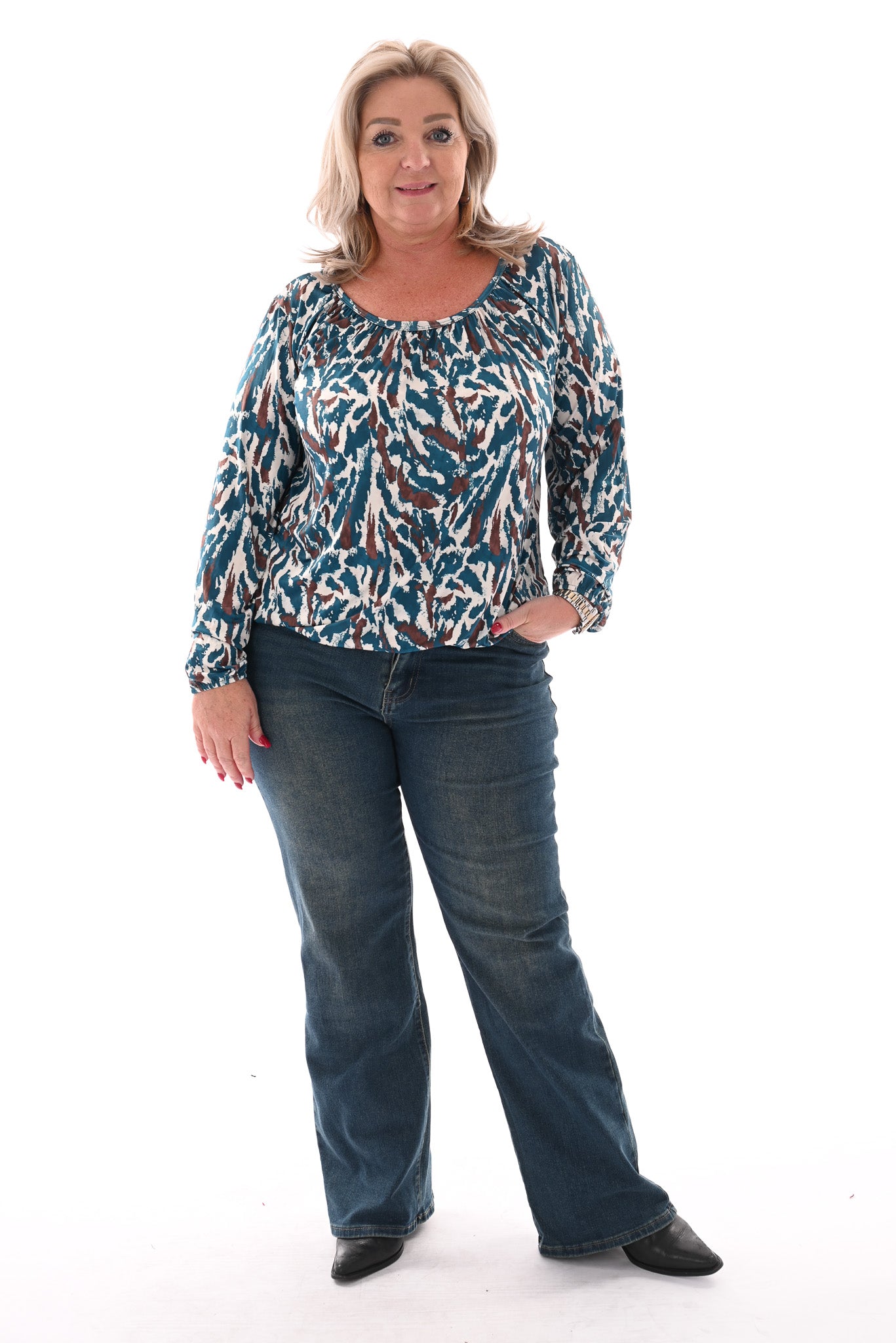 Basic top lange mouwen print vlekken petrol
