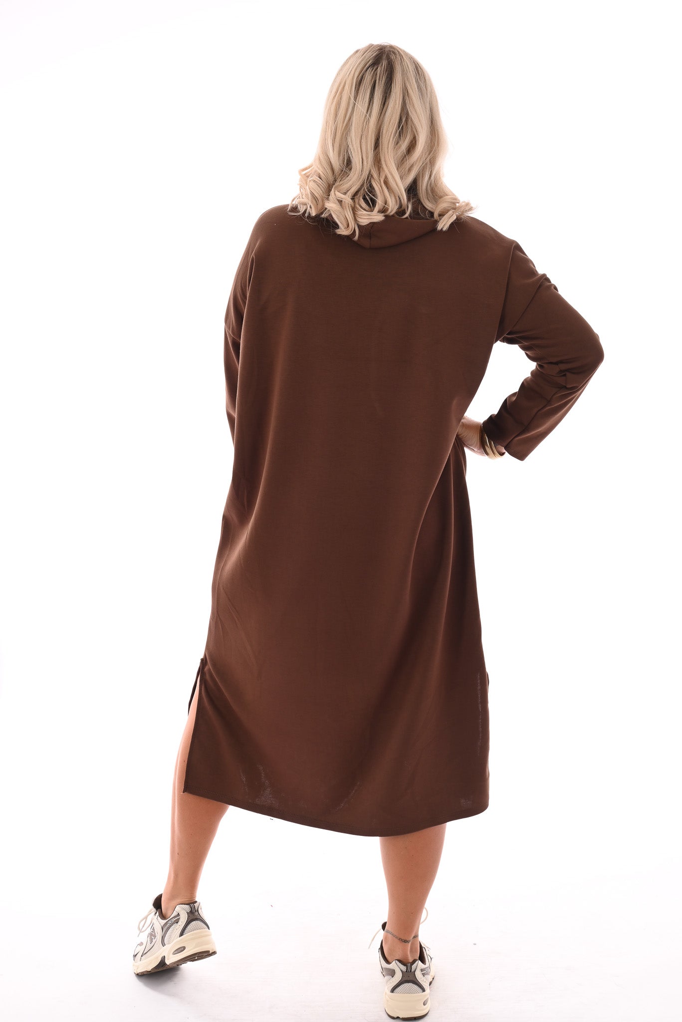 Lange sweaterdress met capuchon bruin