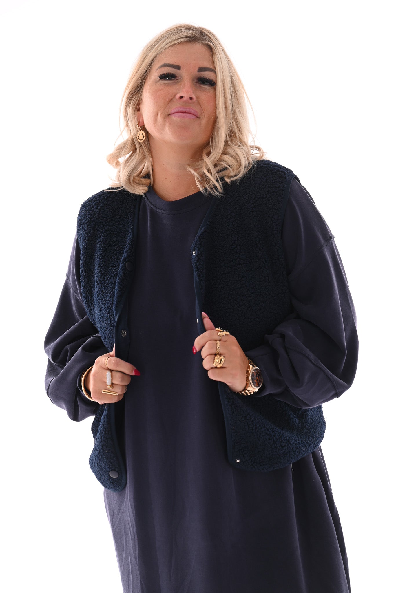 Lange sweaterdress met pofmouwen marineblauw