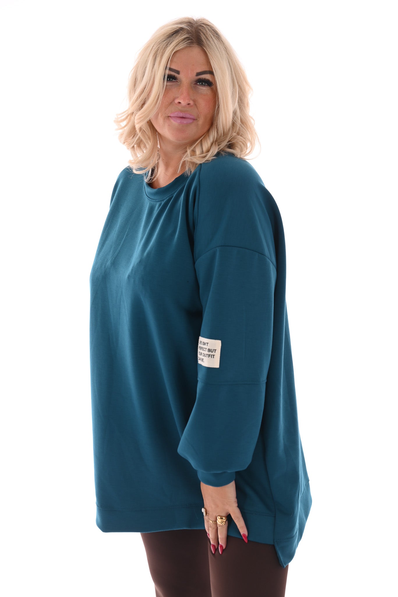 Sweater pofmouwen met applicatie petrol