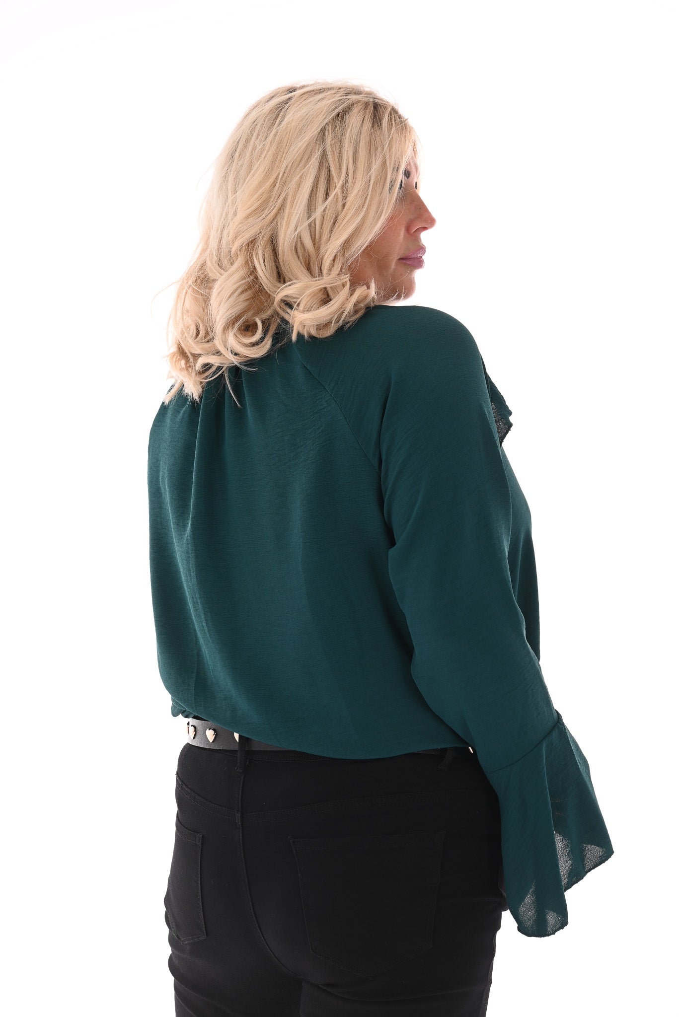 Blouse met roezels en trompetmouwen flessengroen
