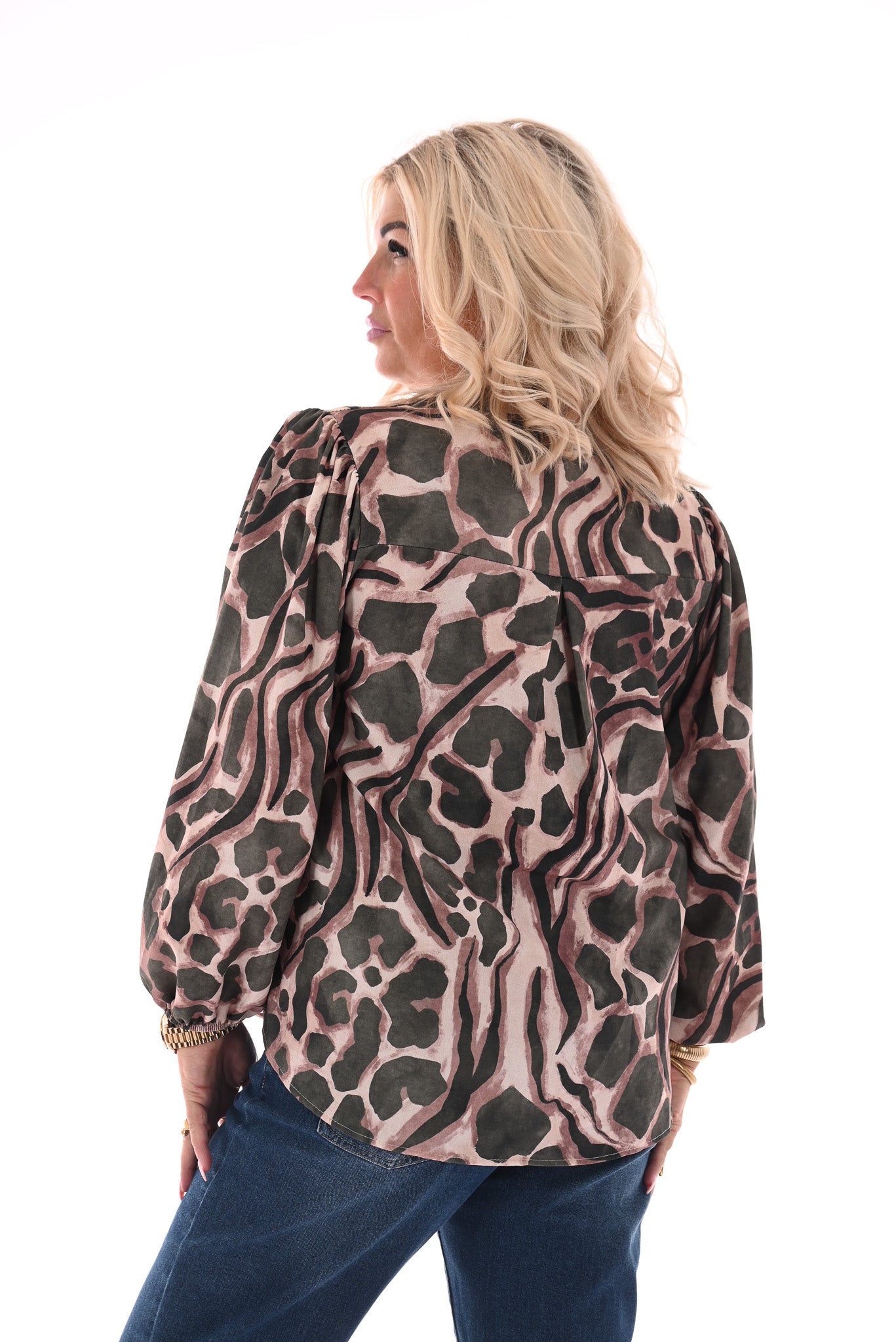 Top lange mouwen v-hals vlekken legergroen