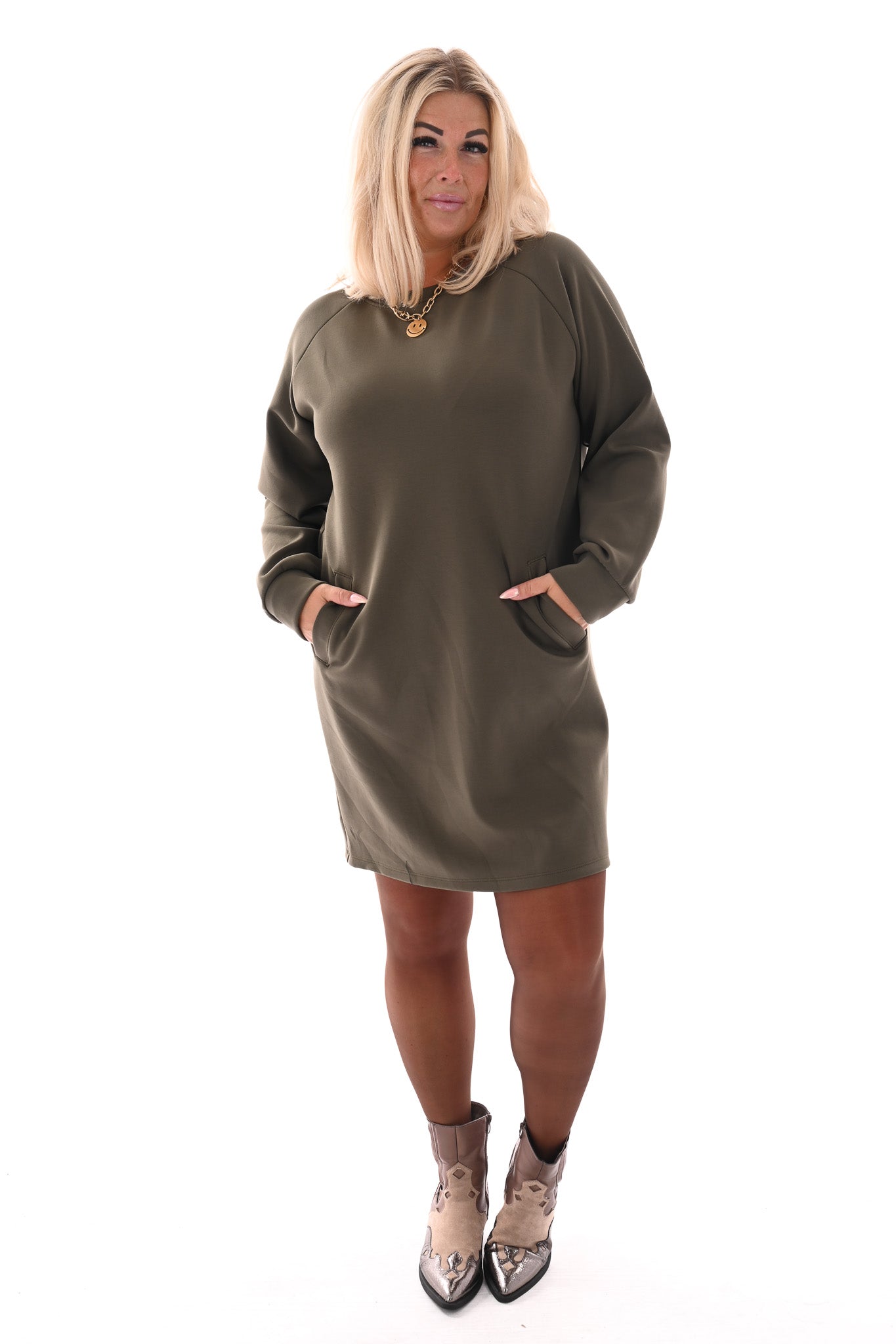 Sweaterdress deluxe met zakken legergroen