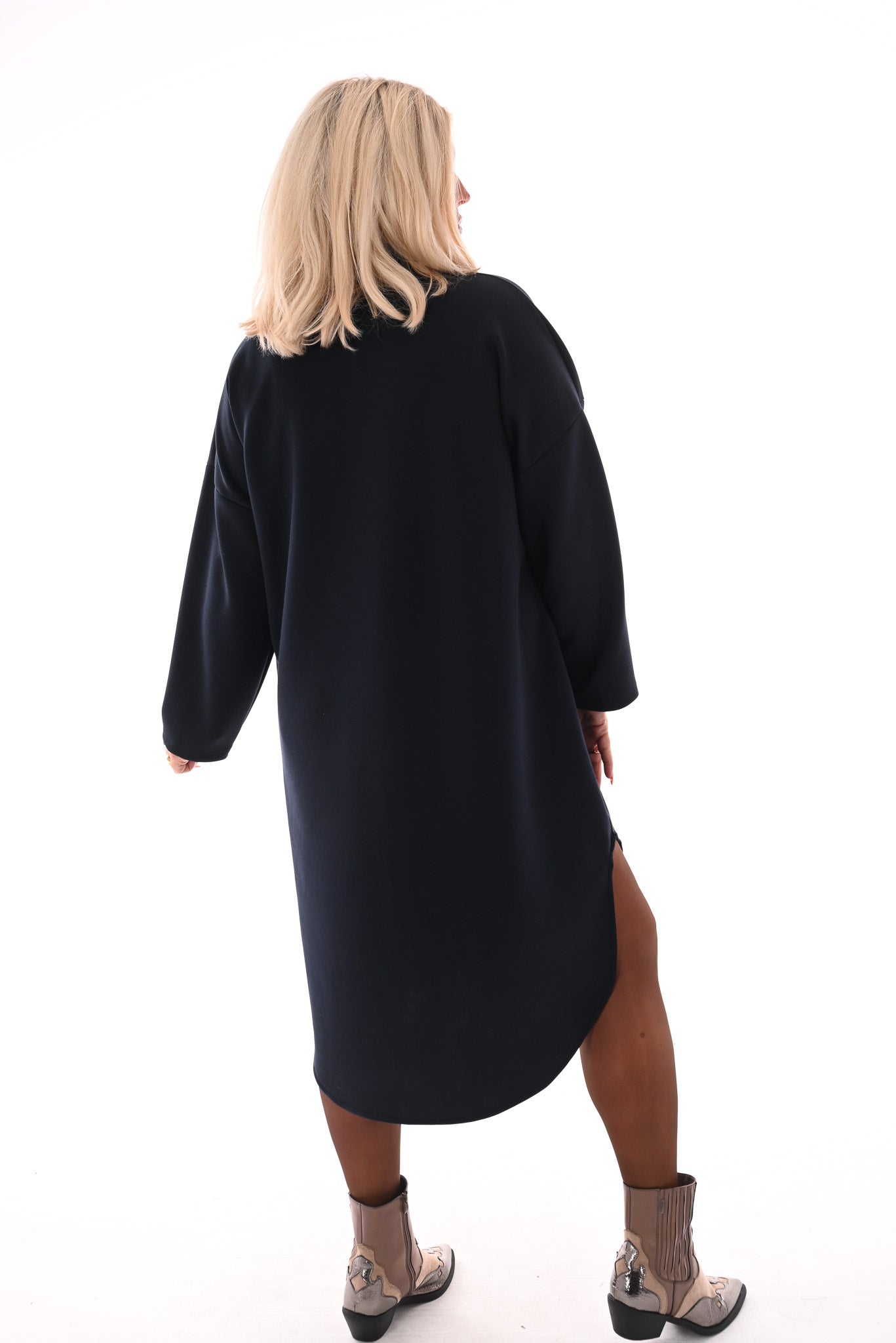Half lange jurk v-hals en zakken marineblauw