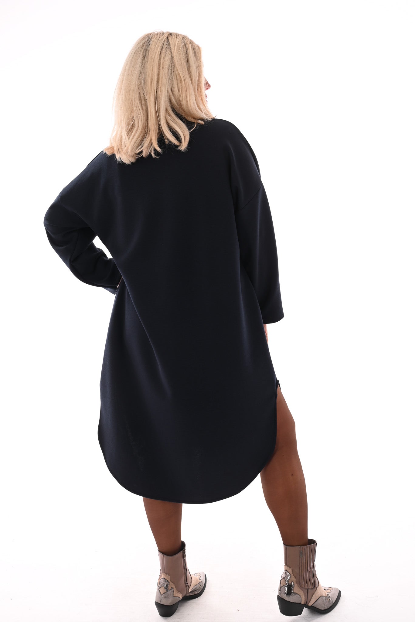 Half lange jurk v-hals en zakken marineblauw