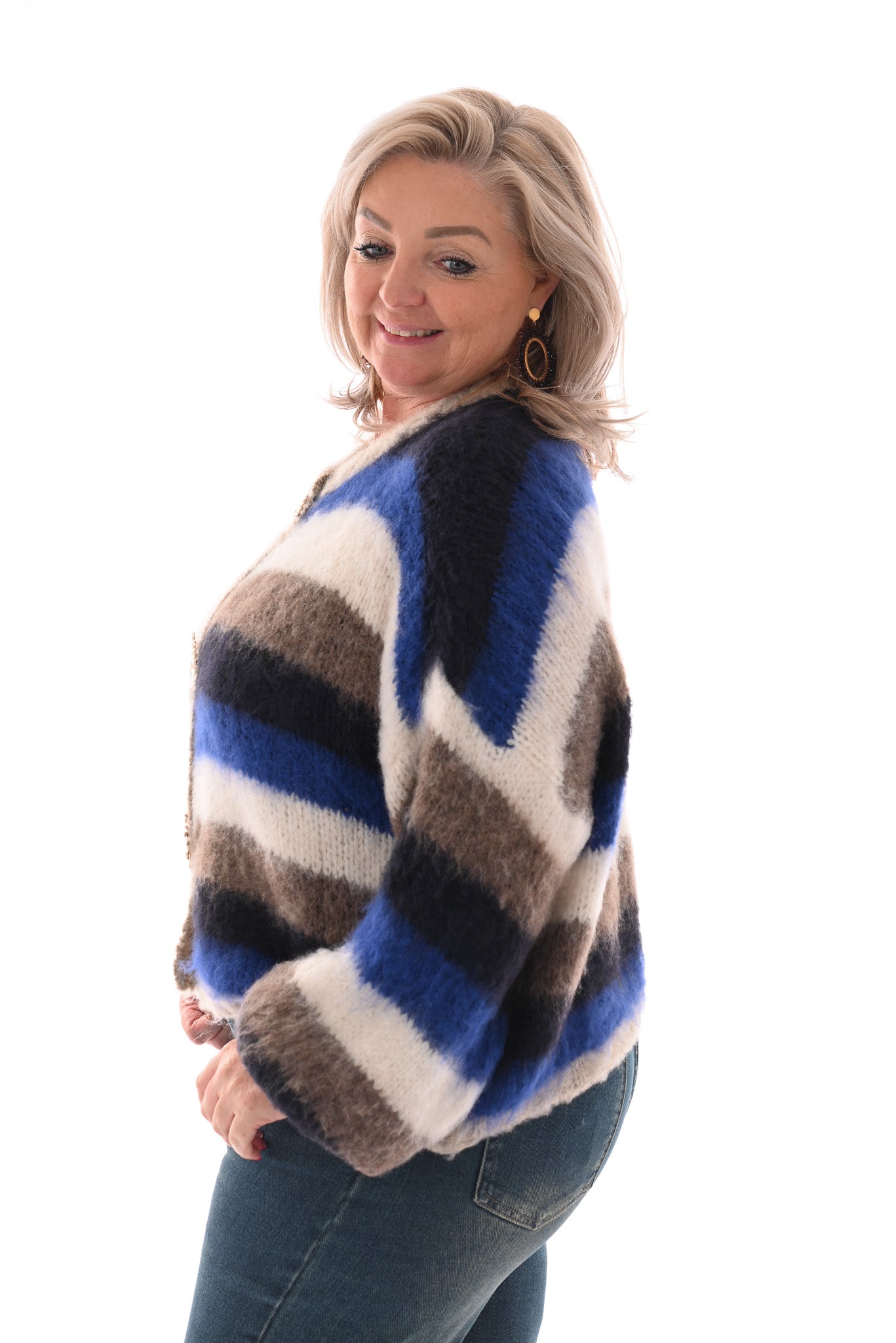 Gestreept vest met brocheknopen marineblauw/bruin