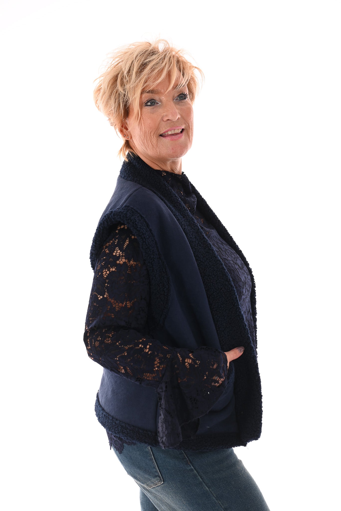 Gilet suede en teddy marineblauw